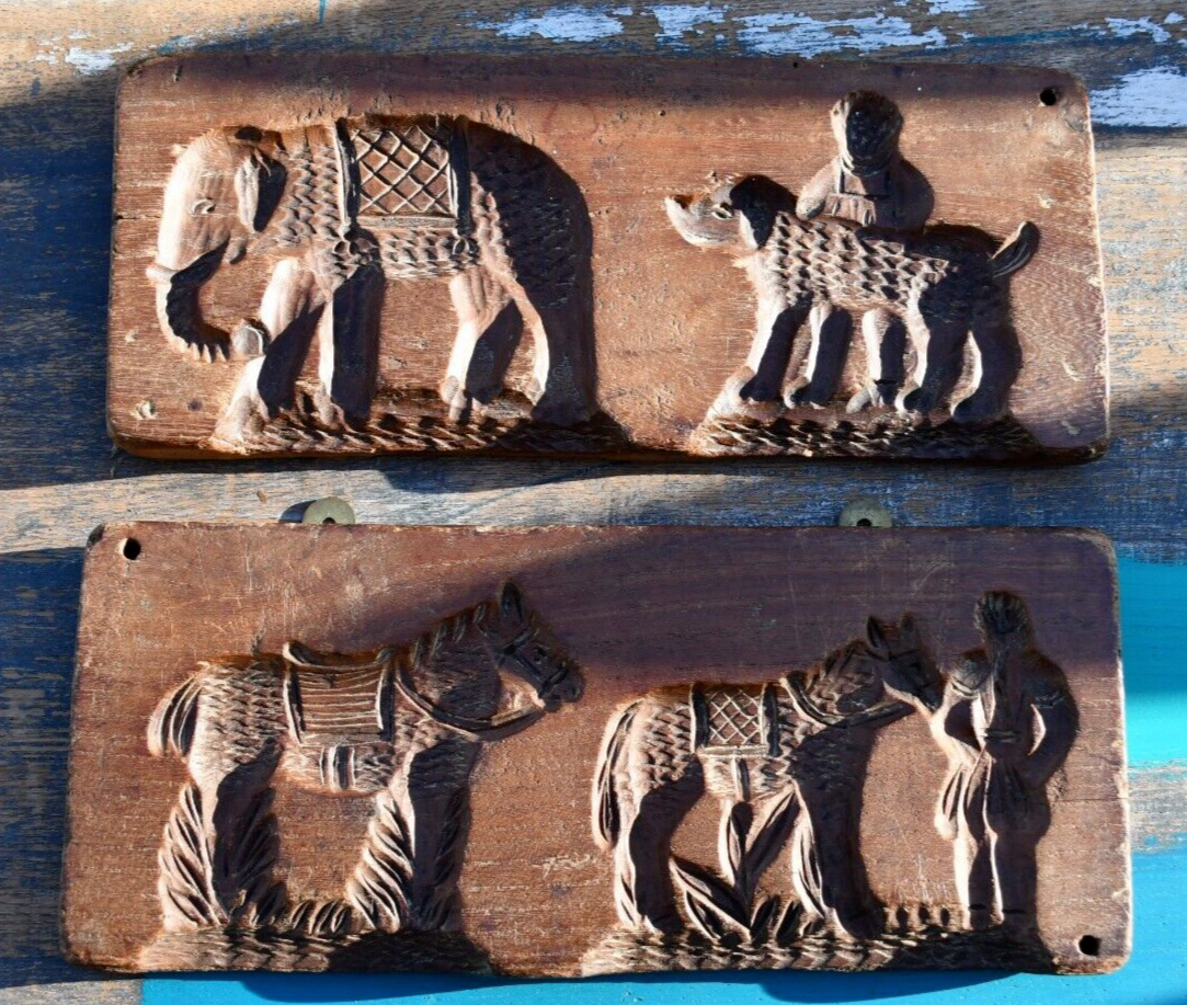 Two Antique Springerle Speculoos Deeply Carved Cookie Boards Elephant Dog Horse
