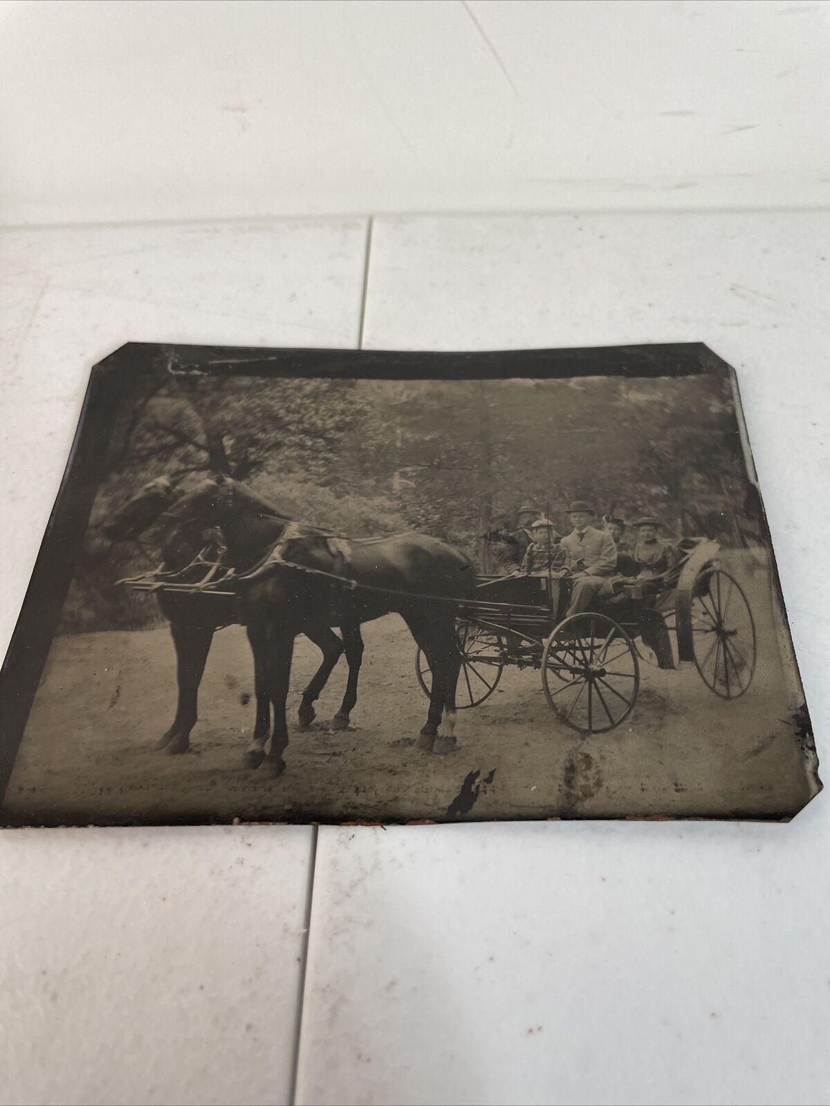 Antique Tintype Outdoor Seen With Horse And Wagon And Family Sunday Outing