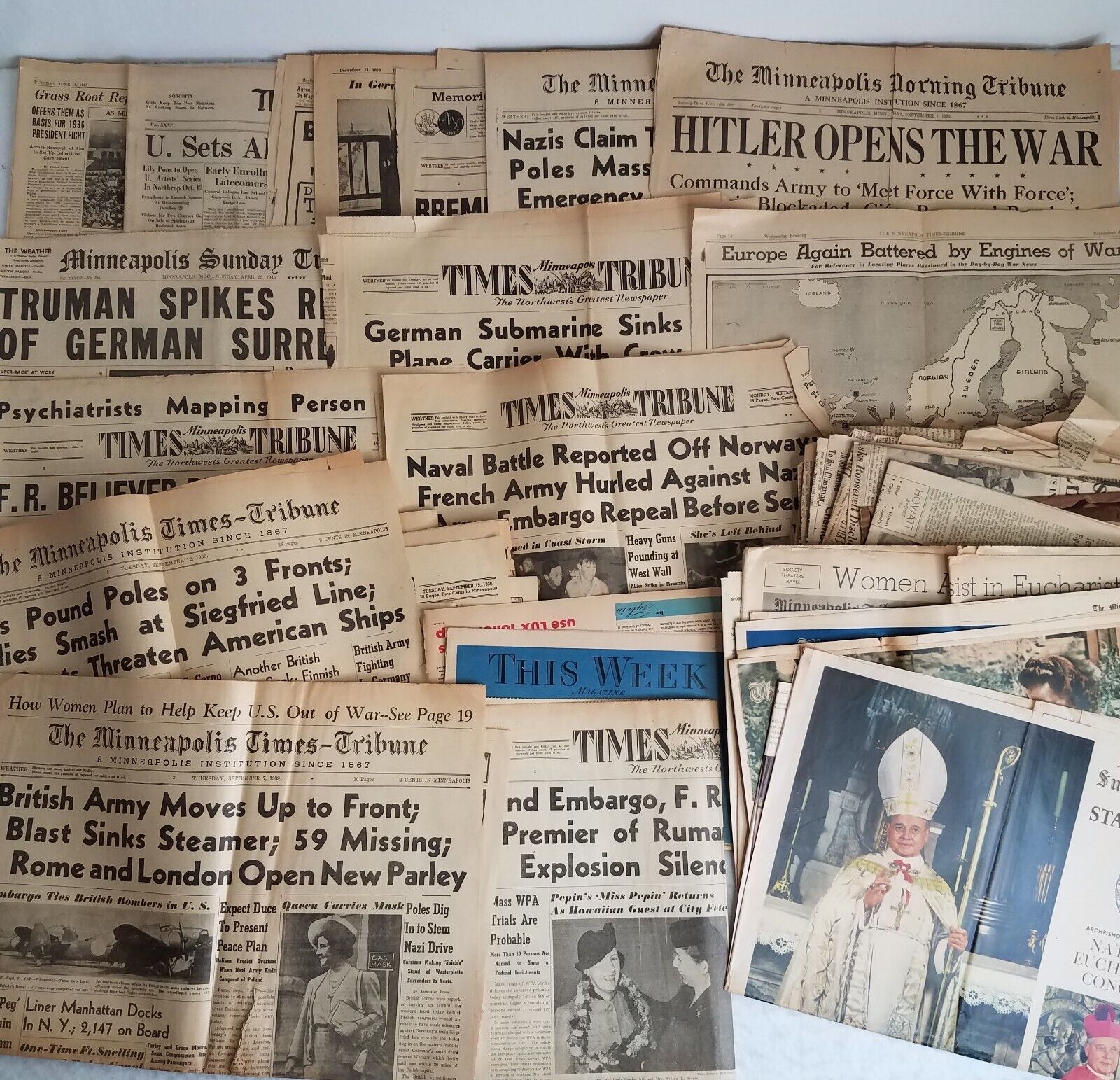 WWII Era Minnesota Newspapers Large Lot of Partial Papers & Single Pages