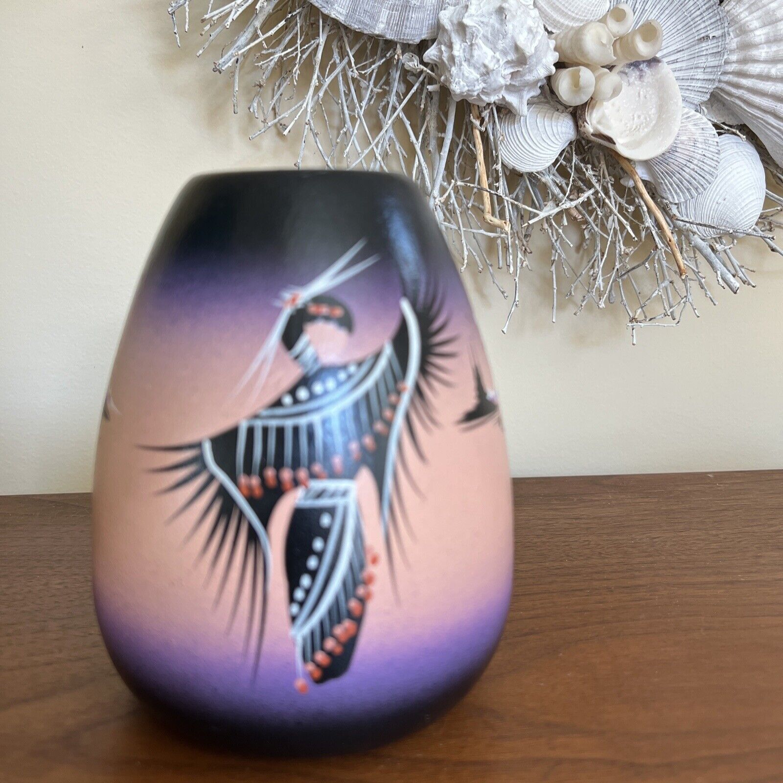 Vintage Native American Dineh Pottery Purple Black Ombre Hand Painted Vase 6”