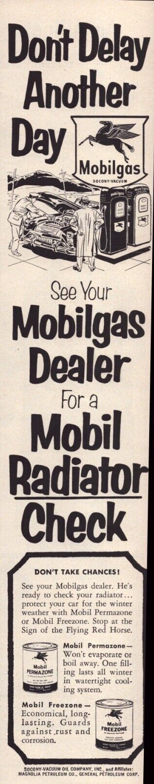 Mobil Gas Get a Radiator Check Today Don\'t Delay 1953 Vintage Print Ad-C-2.1