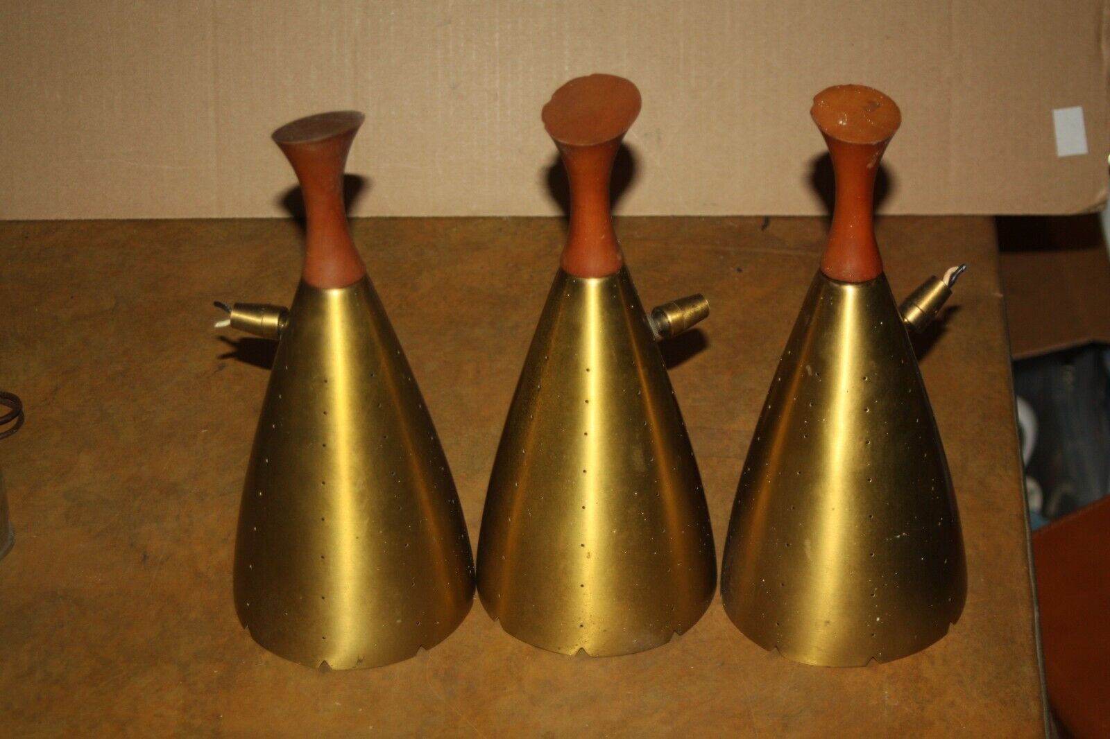 Matched Set of 3 MCM Pole Lamp Replacement Shades &  Sockets - Metal-Wood Ends