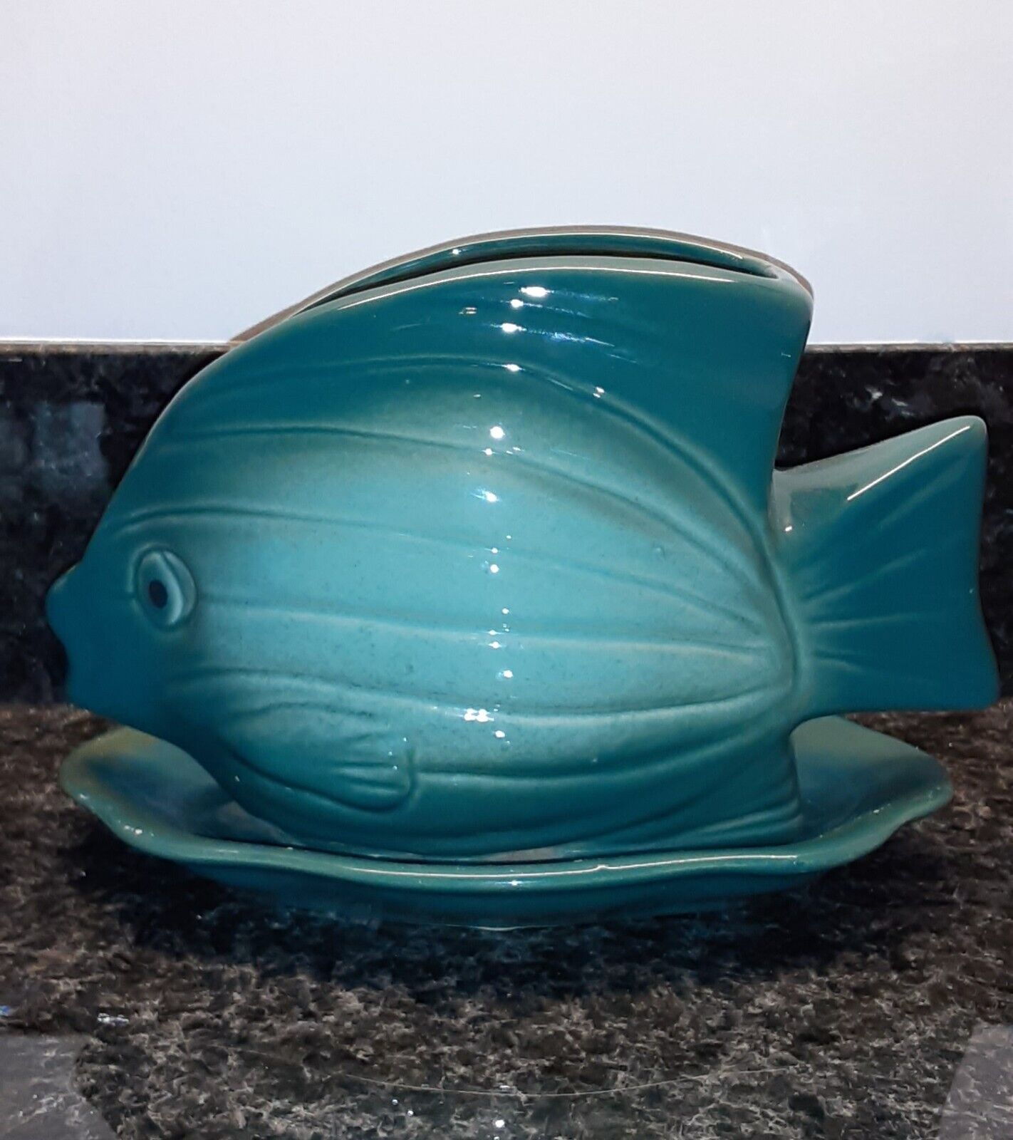 Aquamarine Blue Ceramic Fish Planter - Vintage