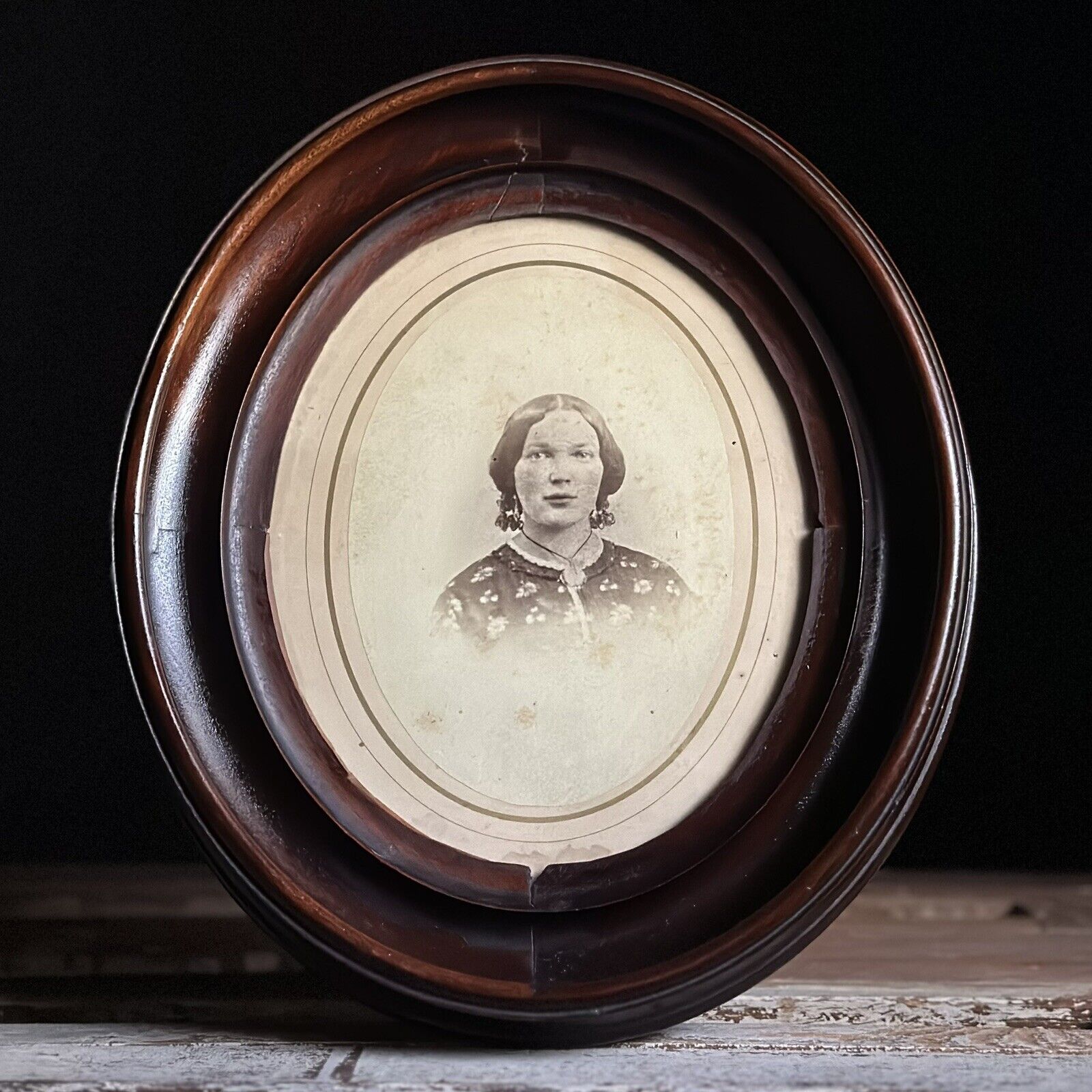 Antique Photograph Portrait of Woman, Oval Walnut Frame
