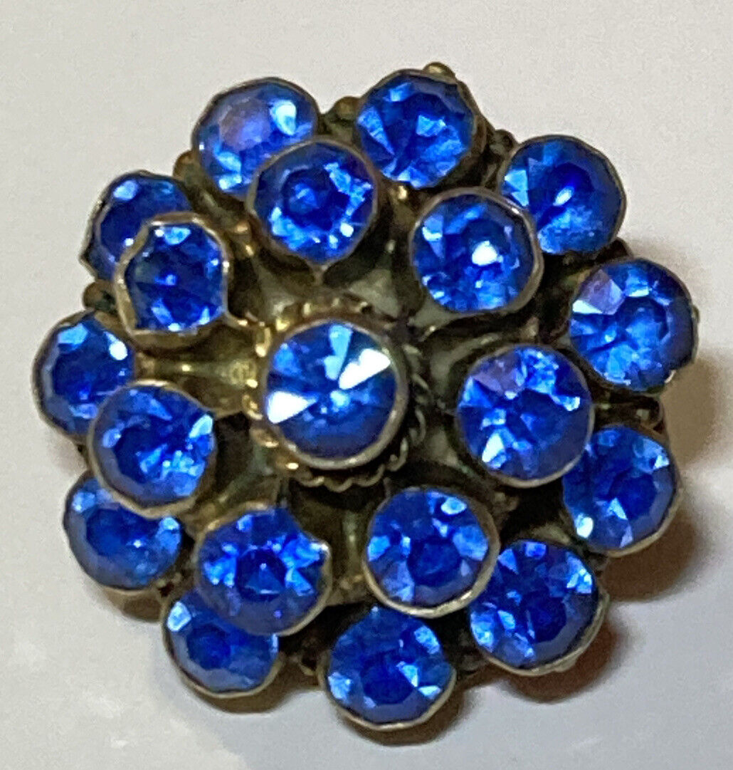 Vintage Metal Button Clear Blue Glass Faceted Rhinestone 3 Tier Self Shank 9/16\