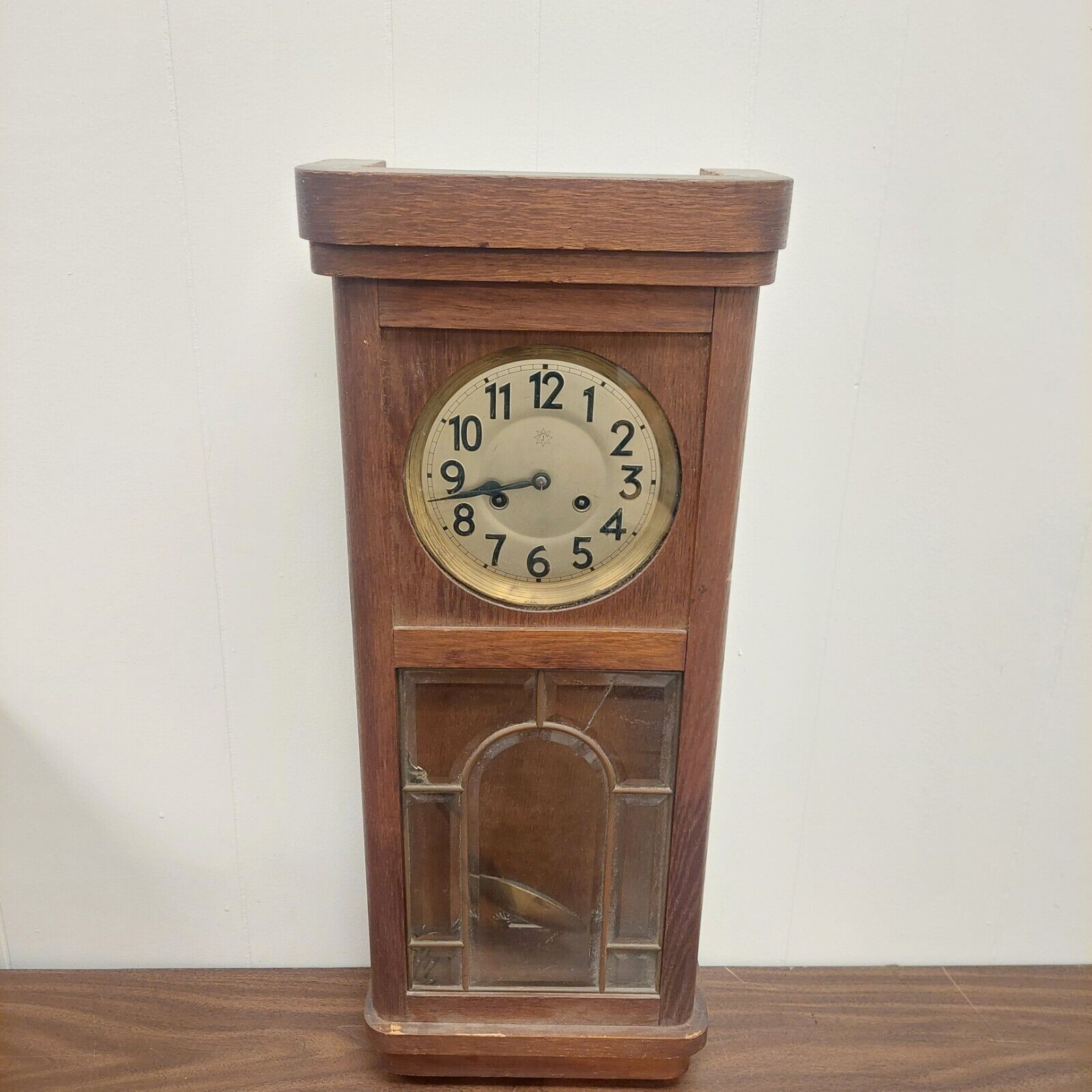 Antique German Wall Clock Junghans Beveled Glass W Pendulum & Key Wood Case