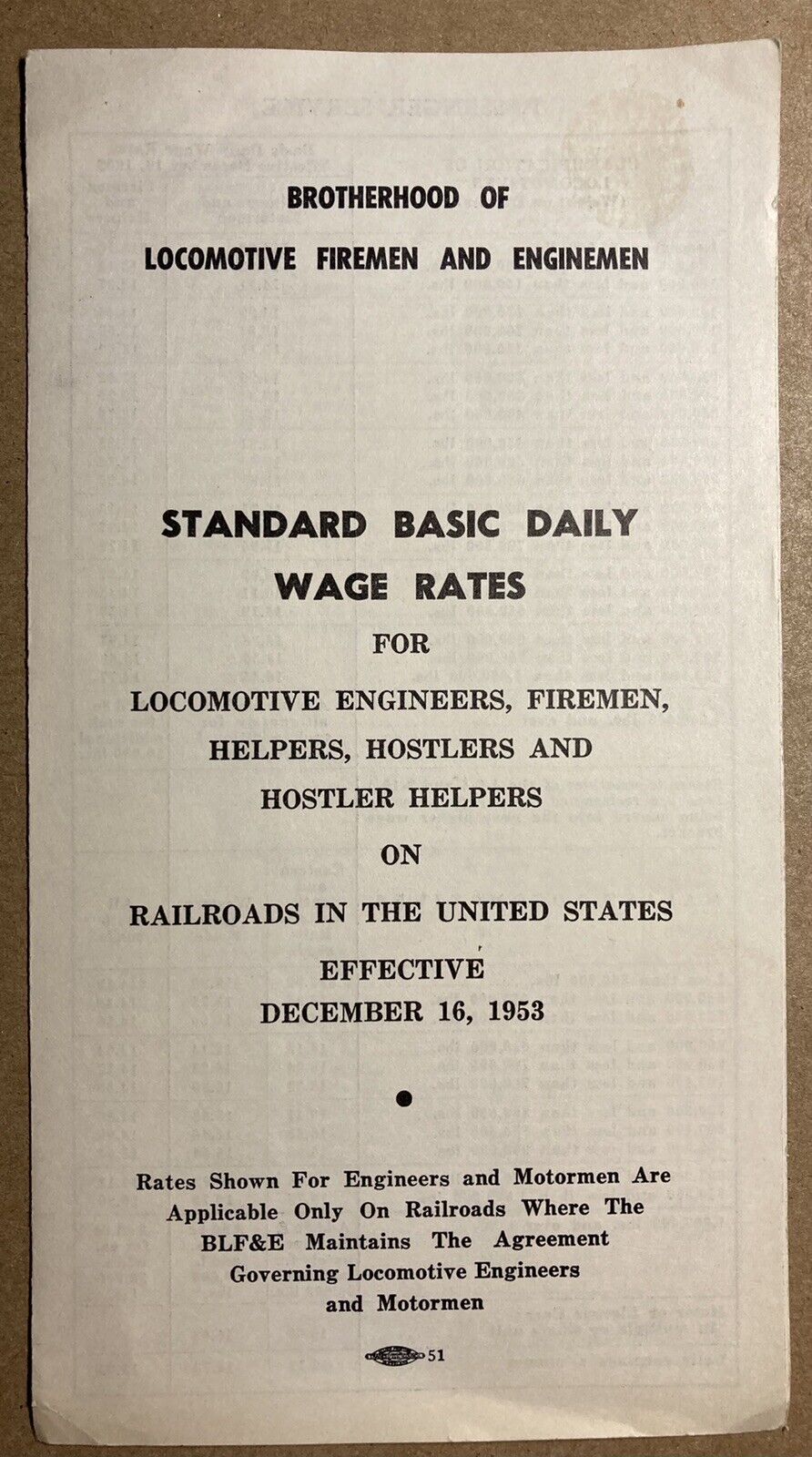 1953 Brotherhood Of Locomotive Firemen Enginemen Daily Wage Rates Document