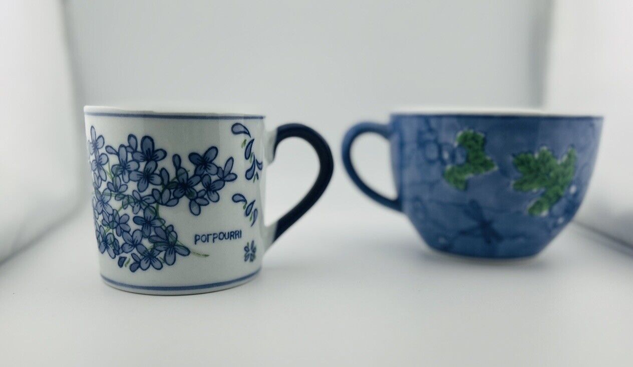 Vtg April Cornell Blue Coffee Mugs Set Blueberries And Blossoms