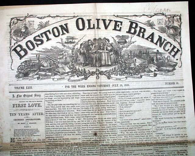 Great 19th Century Pre Civil War MASTHEAD FOR DISPLAY Olive Branch1858 Newspaper