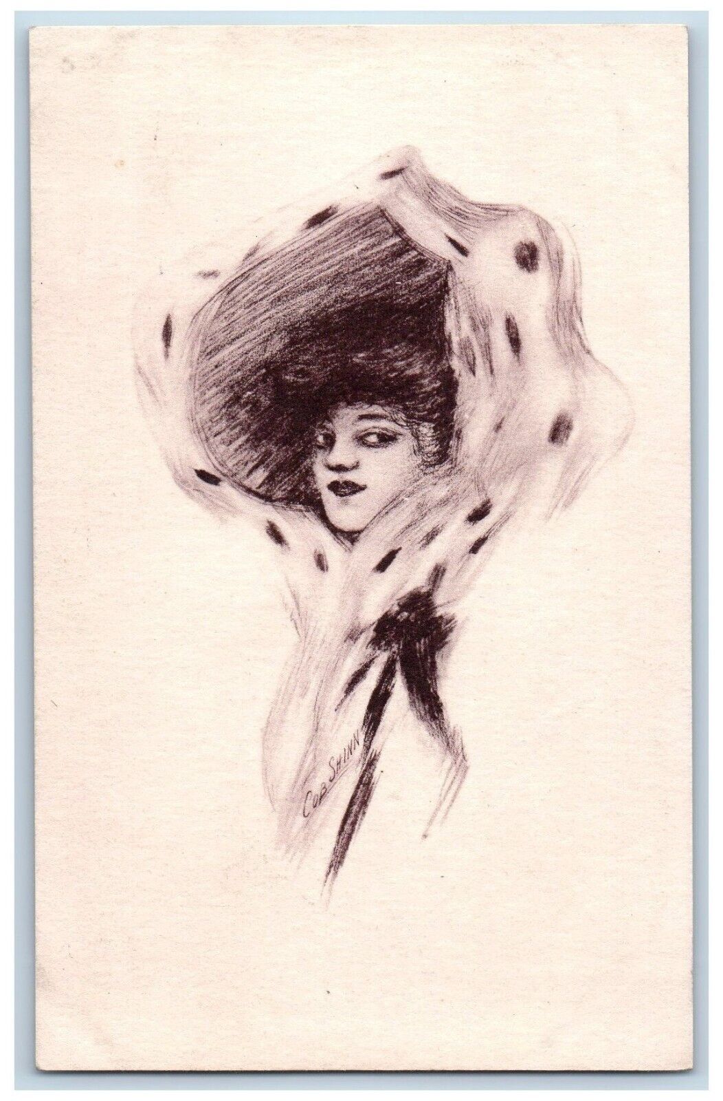Cobb Shinn Artist Signed Postcard Woman Hand Drawn Big Bonnet c1910\'s Antique