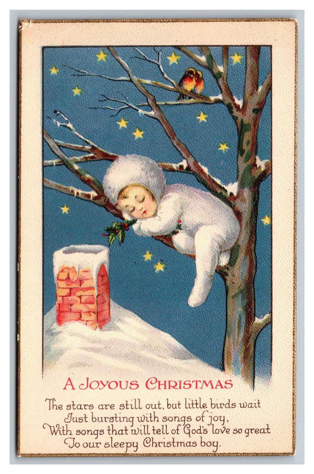 Postcard Joyous Christmas Sleepy Boy in Tree Stars Birds pc1737