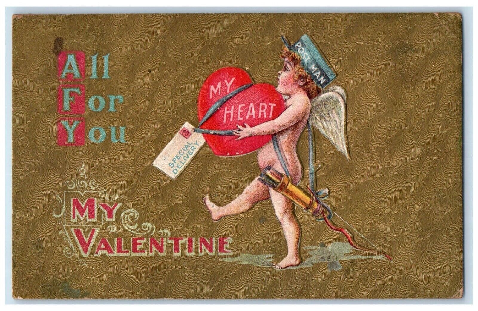 1910 Valentine Cupid Angel Postman Heart Delivery Embossed Southwick MA Postcard