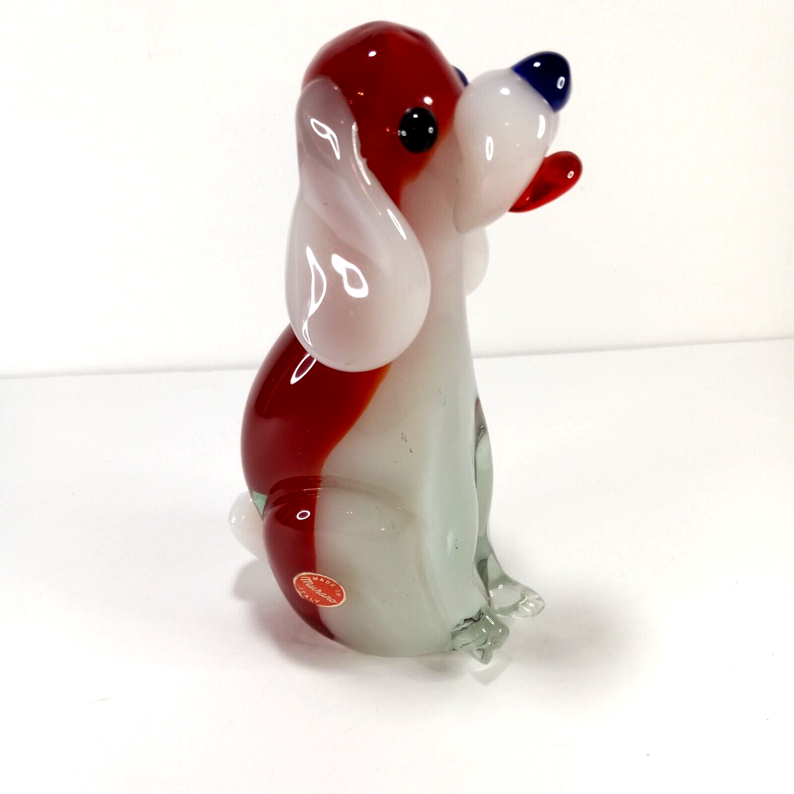 Murano Dog Italian Art Glass Red and White with Sticker 7.5 inch Damaged