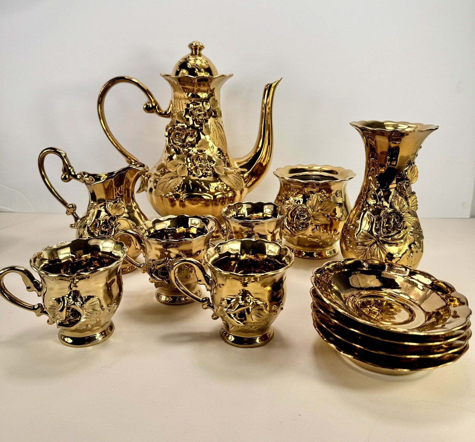 Gold Porcelain Tea Set Golden Rose Embellished 22k Gold Gilt 13 Pcs Vintage