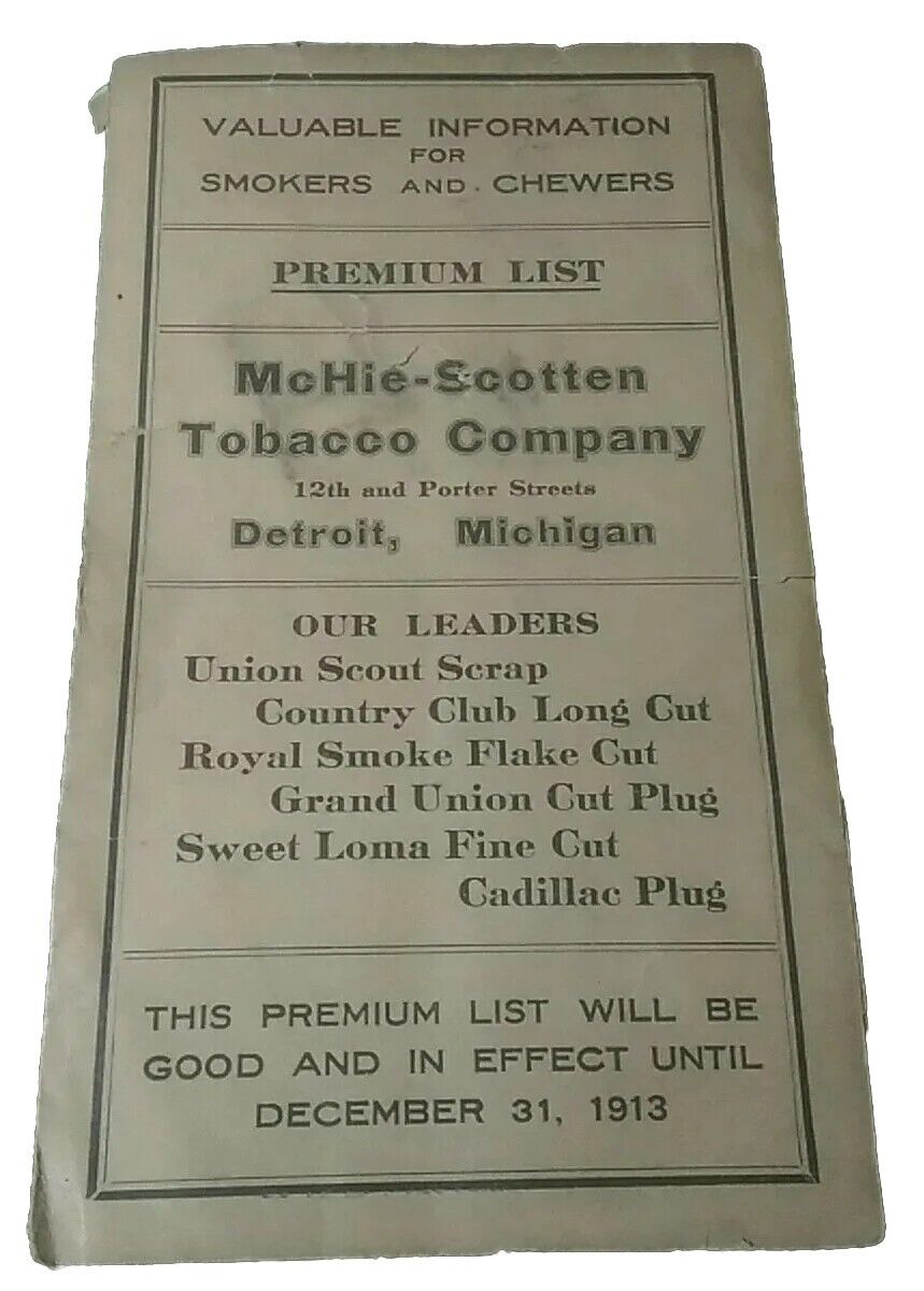 Detroit, Michigan 1913 McHie Scotten Tobacco Co. Valuable Info Smokers & Chewers