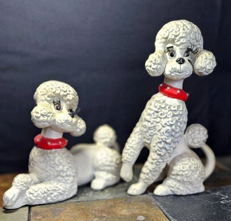 Standard Poodles 2 Figurines with Eyelashes Rare Vintage +