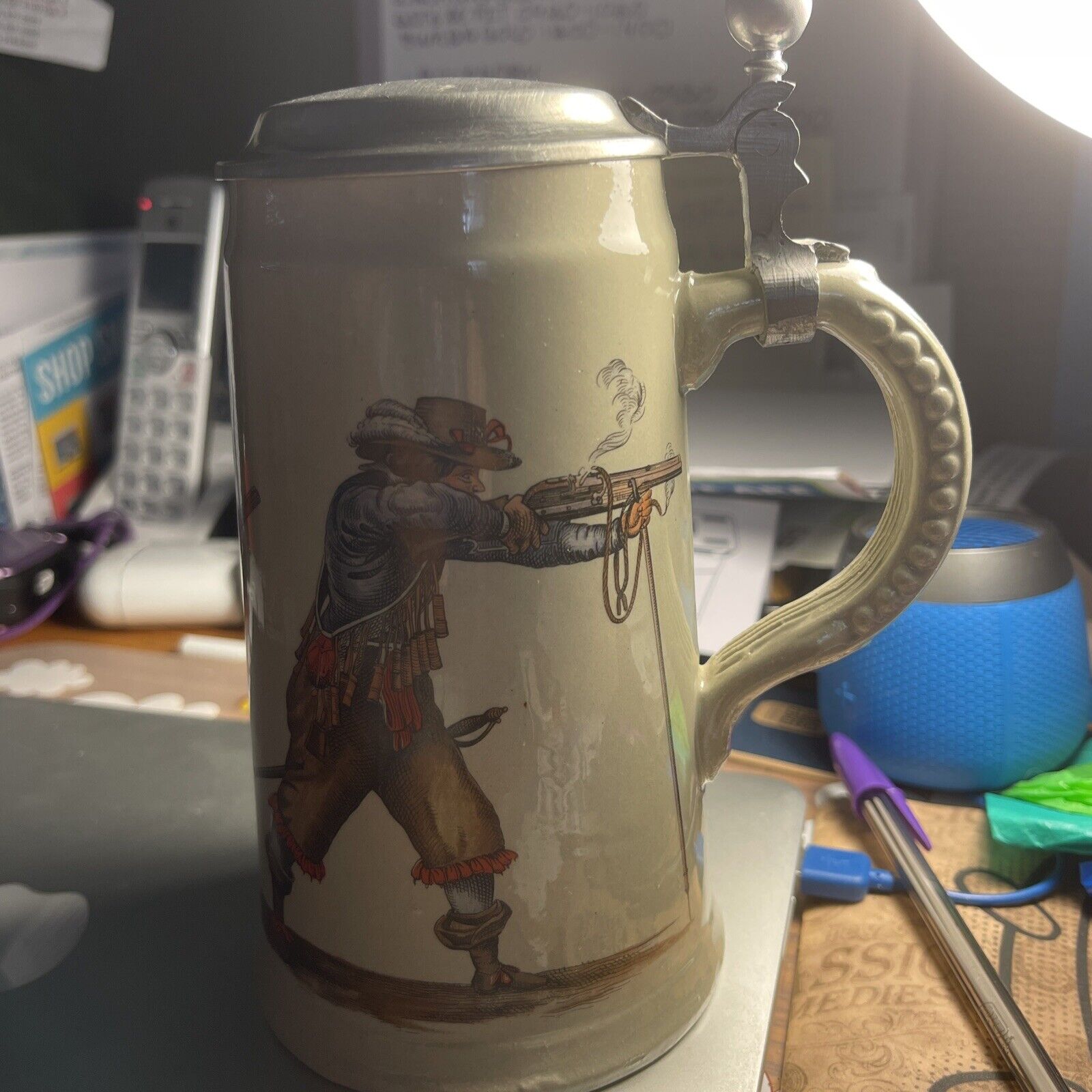 Vintage German Lidded Beer Stein Depicting Medieval Shooter