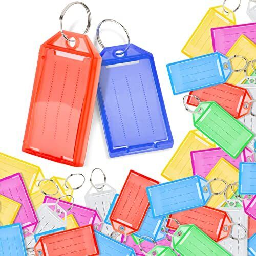 40 Pack Plastic Key Tags with Split Ring and Label Window, 10 Colors
