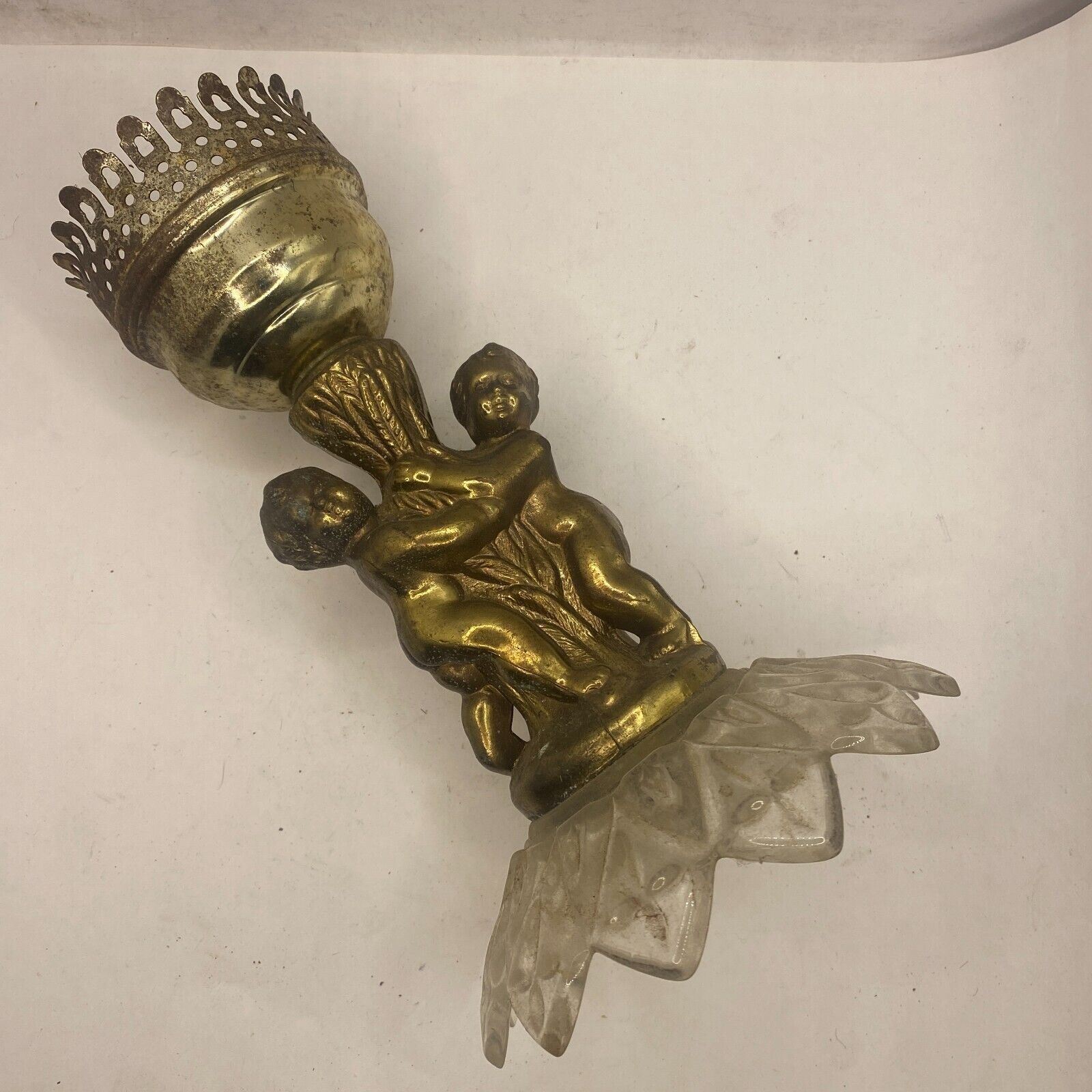 VINTAGE Antique Brass Metal Cherub Table Lamp Glass Base 12\