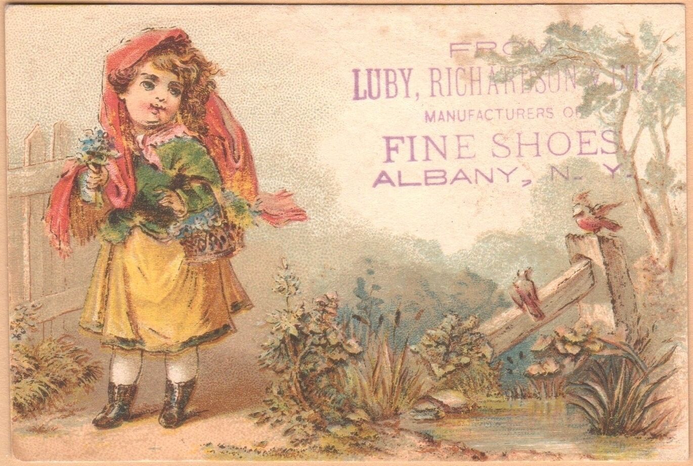 Victorian Trade Card-Luby, Richardson & Co Fine Shoes-Albany, NY-Girl & Birds