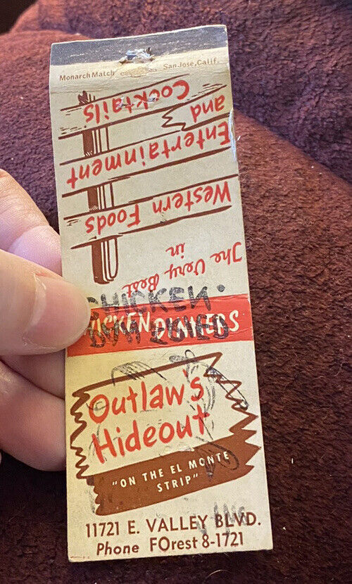 Matchbook Cover Outlaws Hideout Restaurant On The El Monte Strip