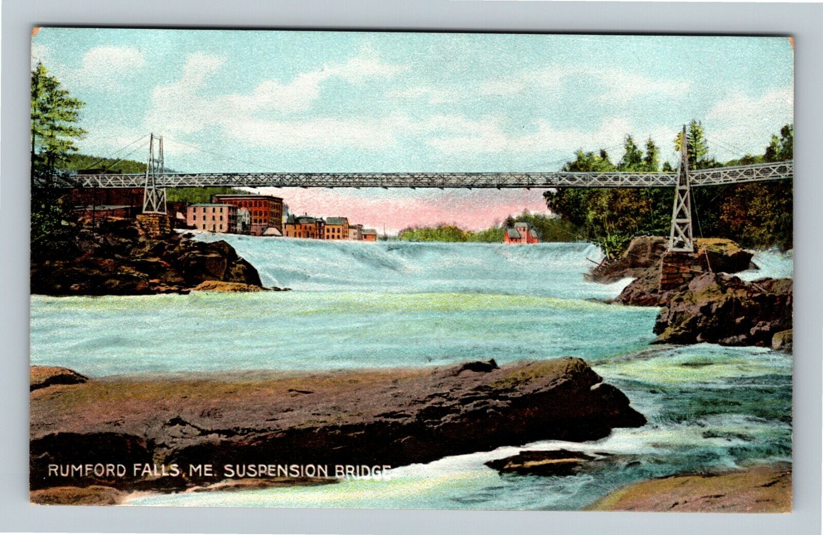 Rumford Falls ME, Suspension Bridge, Maine Vintage Postcard