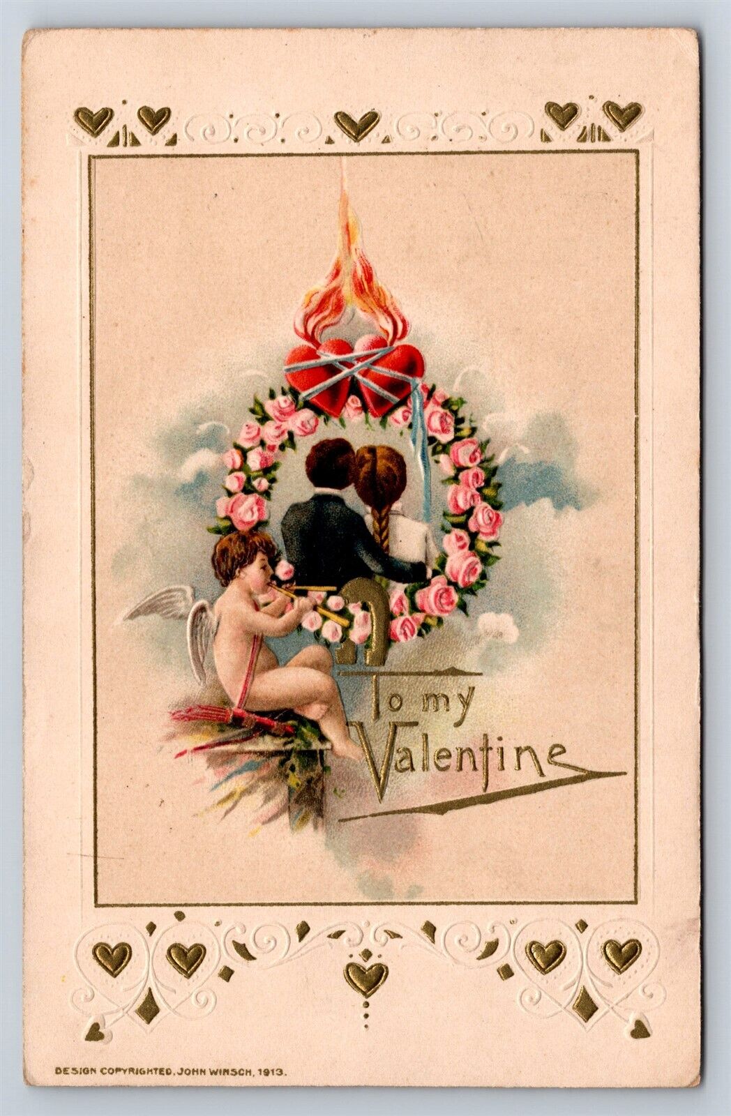 Postcard Valentines Day John Winsch Young Couple Hearts Cupid c1913 AD26