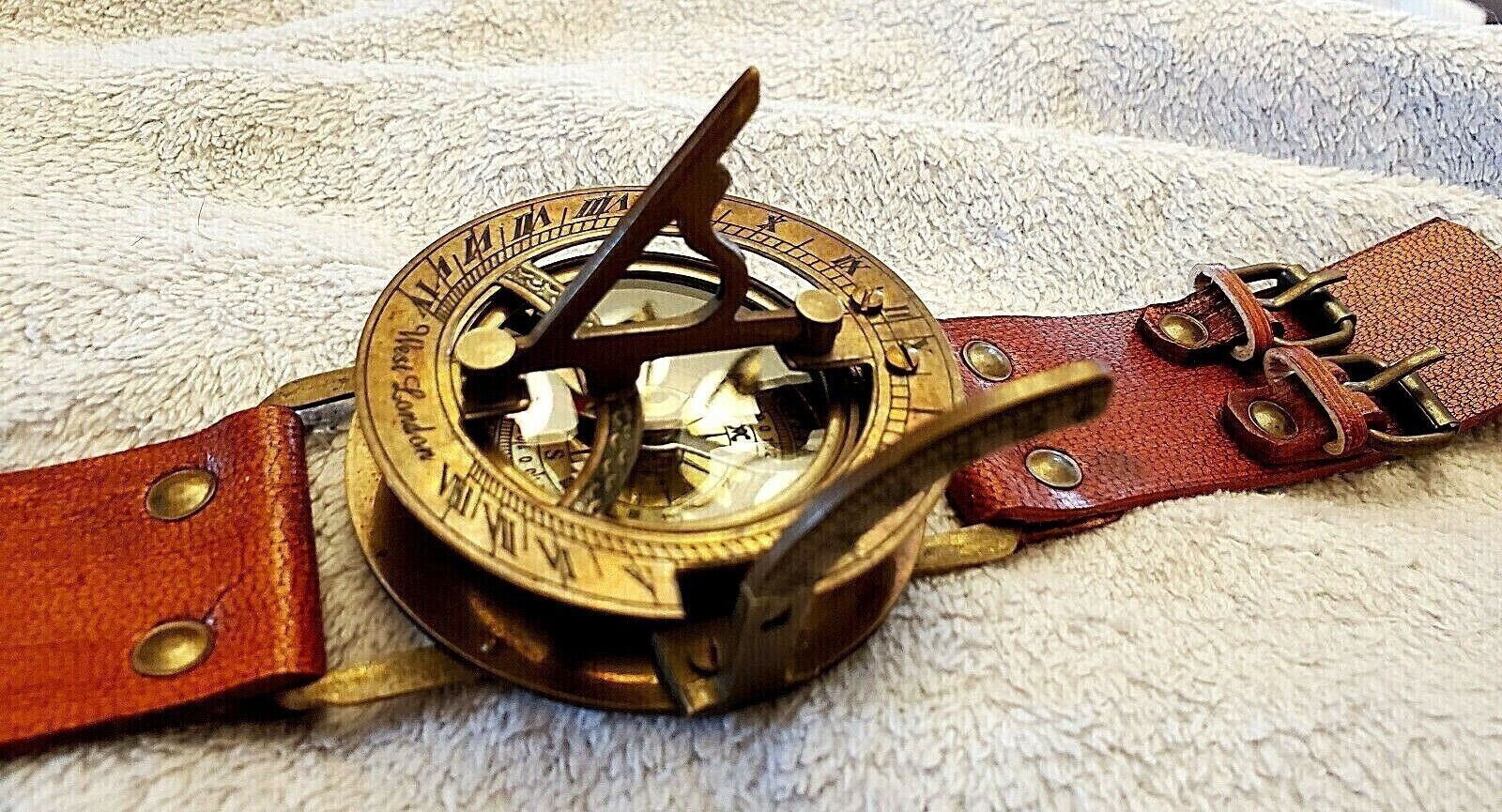 Vintage Old Style WWII Military Wristwatch Brass Round Sundial Compass Gift.