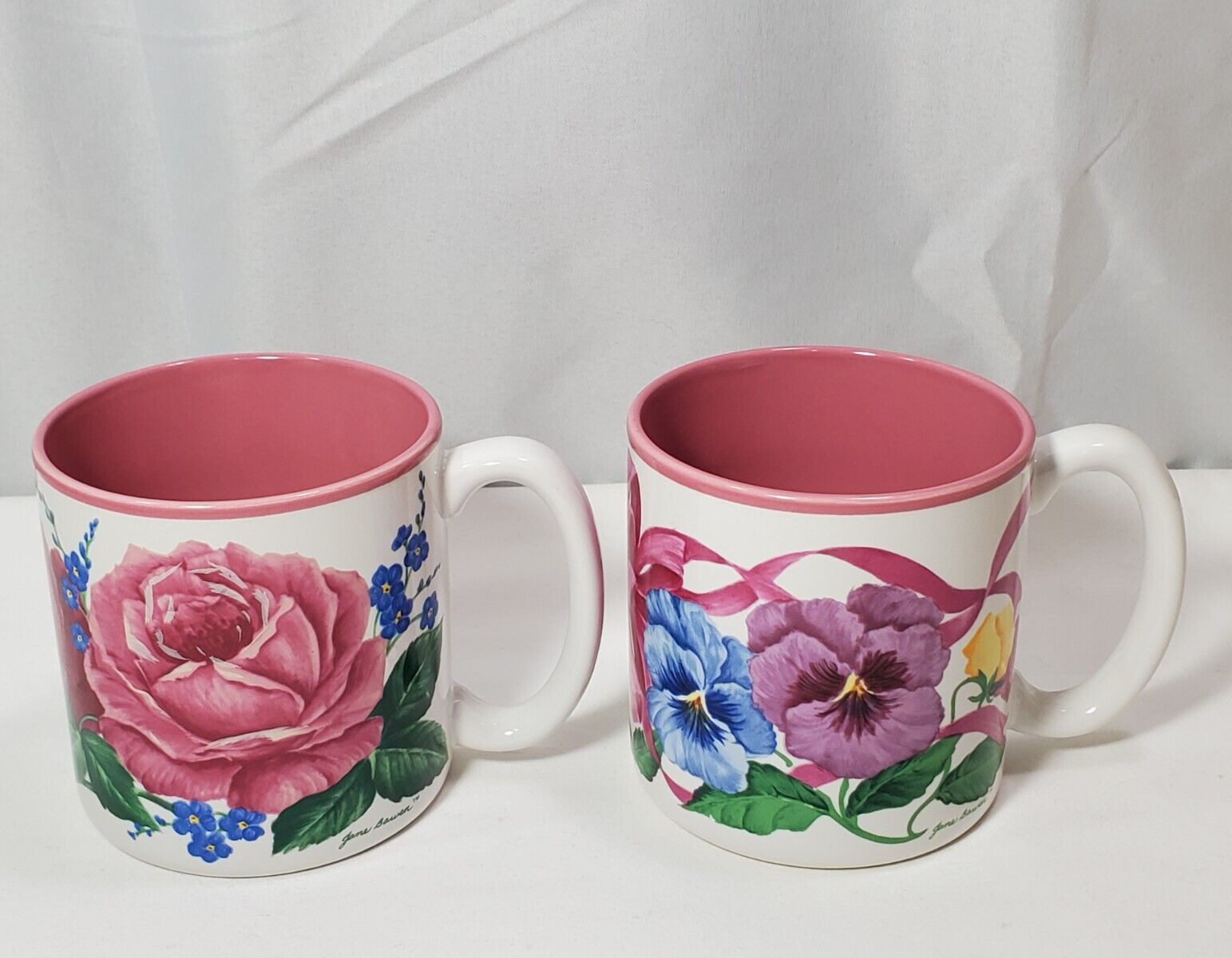 2 Vintage Jane Bowen Roses/Pansies Coffee Mug Cup Pink Flowers 10oz. Grandmacore