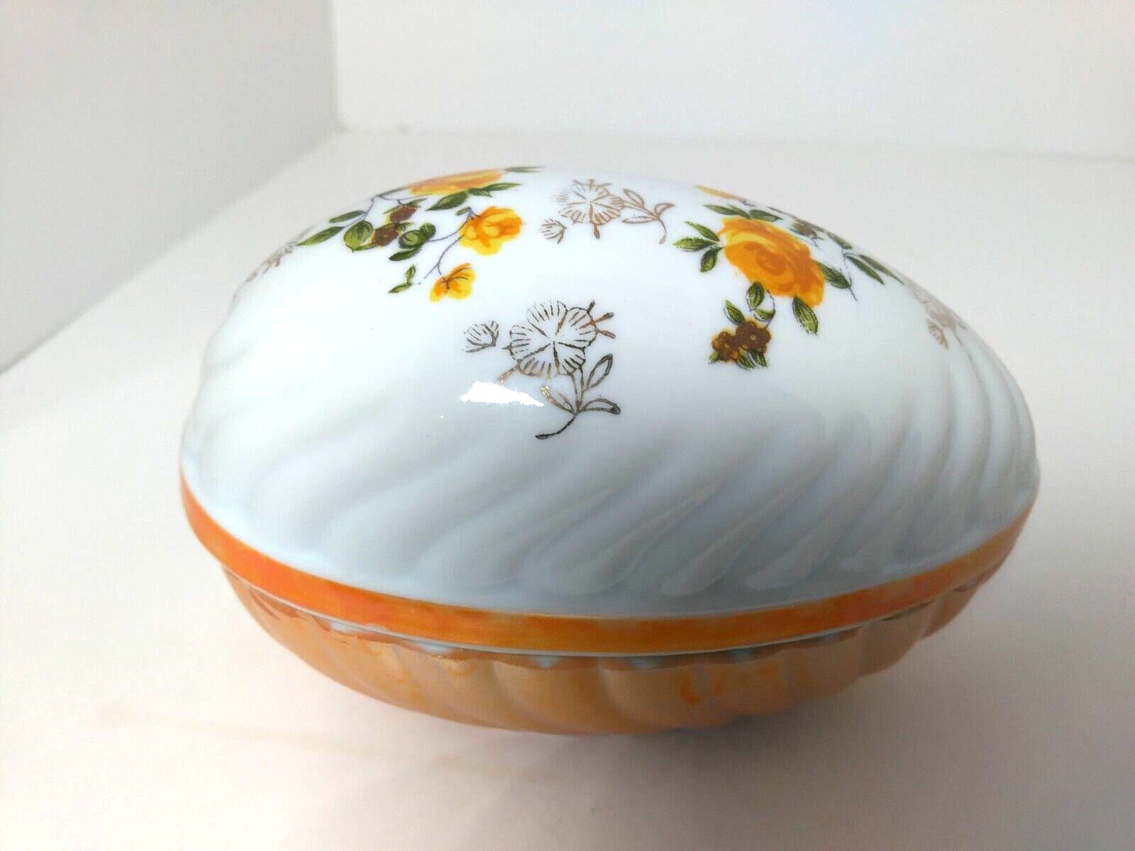 Norleans Japan Egg Shaped Trinket Box Dish /Porcelain Yellow Flower Vintage