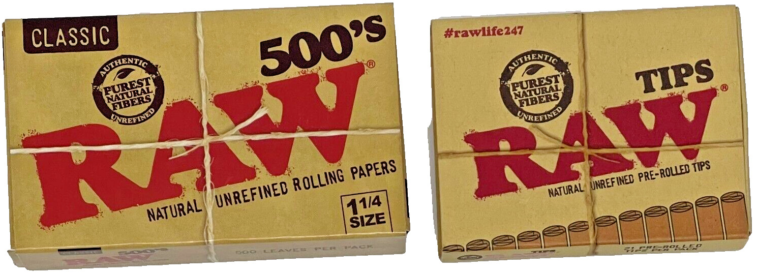 Raw 500 Classic Pack Unrefined Rolling Papers+Pre-Rolled Tips **Free Shipping**