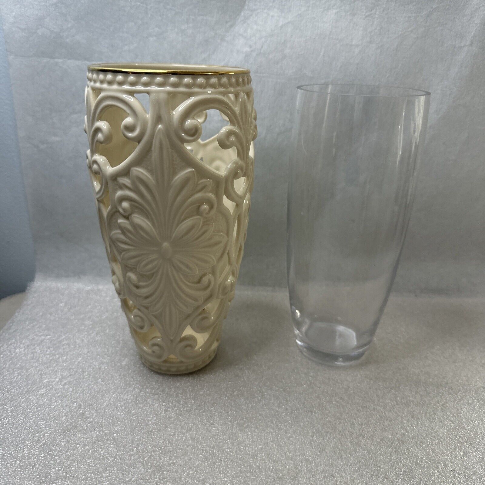 Classic Lenox Scroll Pierced Vase With Glass Insert