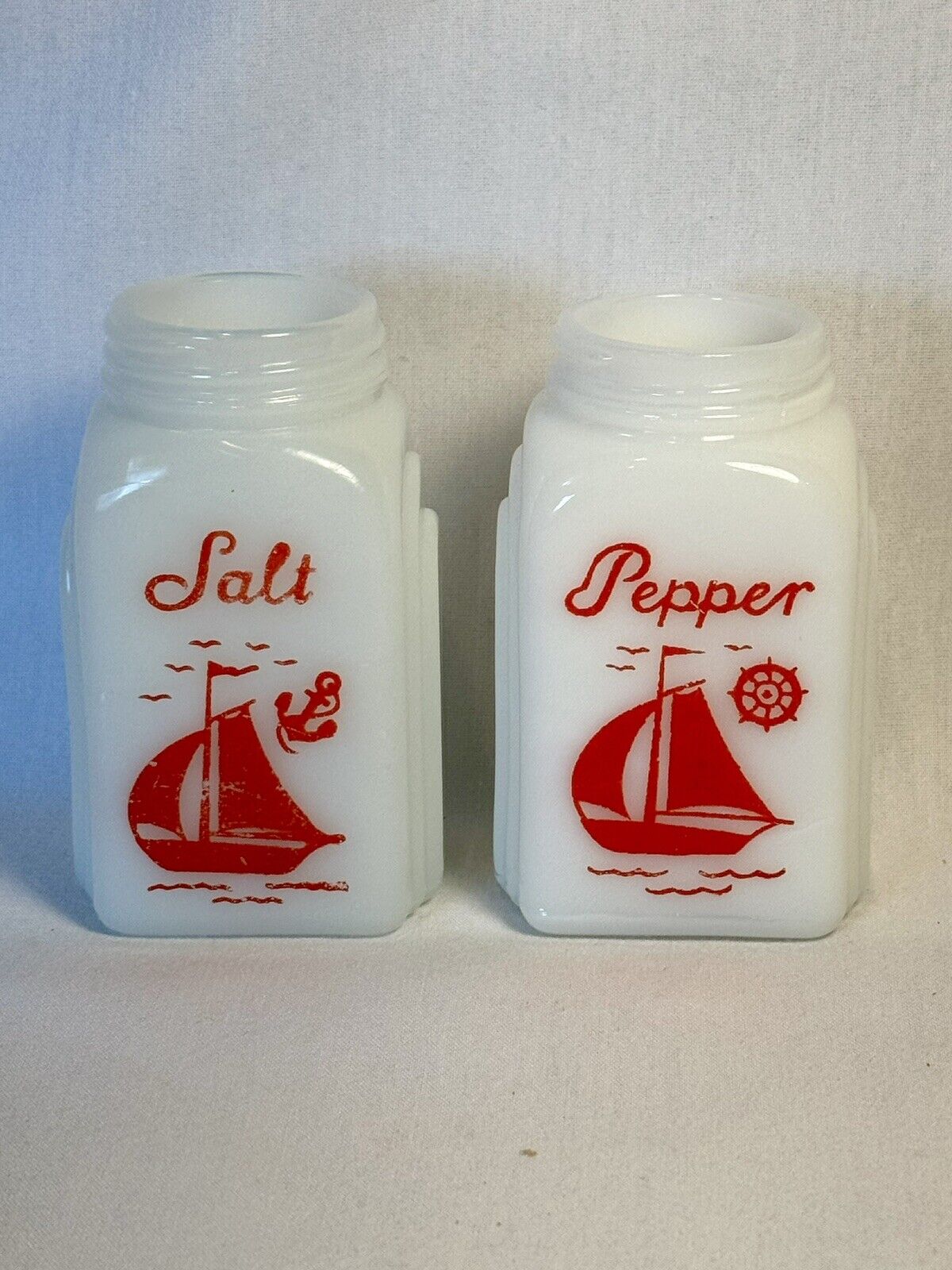 McKee Roman Arched Red Sailboat White Milk Glass Salt & Pepper Shaker Set