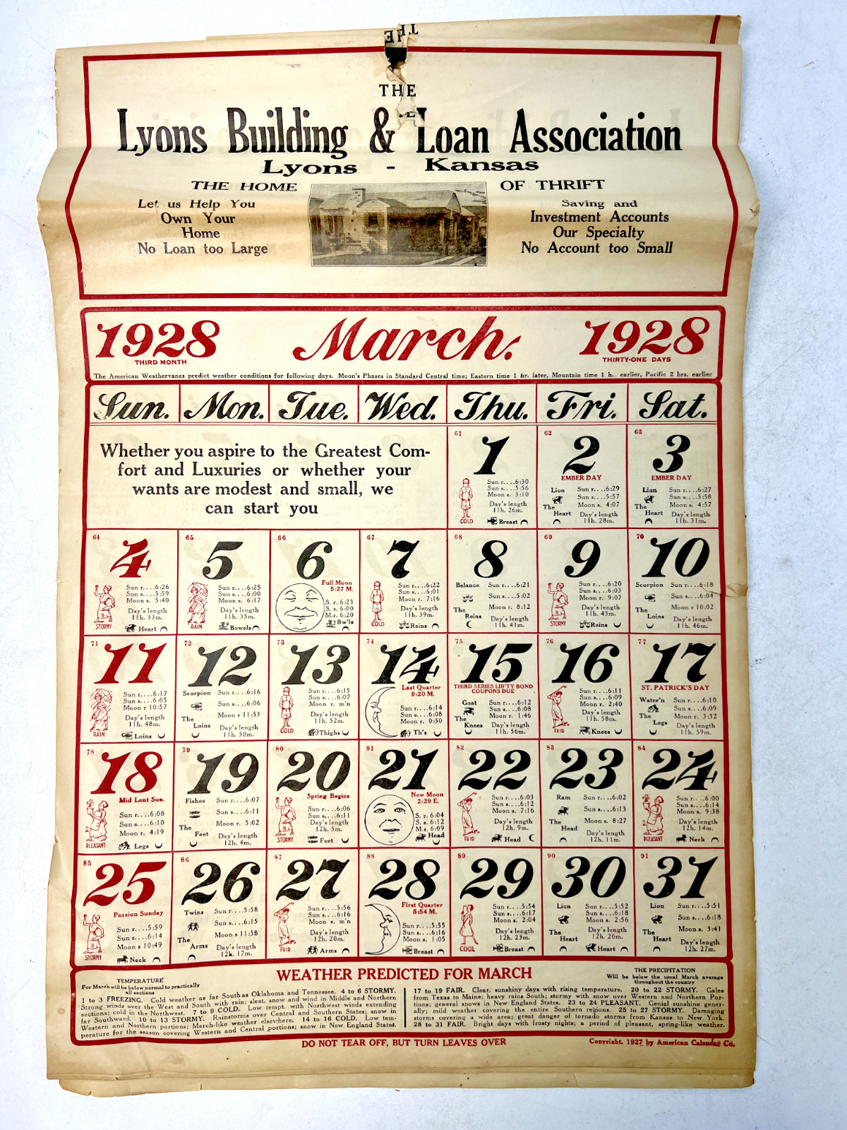 VTG 1928 Lyons Building & Loan Association American Almanac Calendar - 18