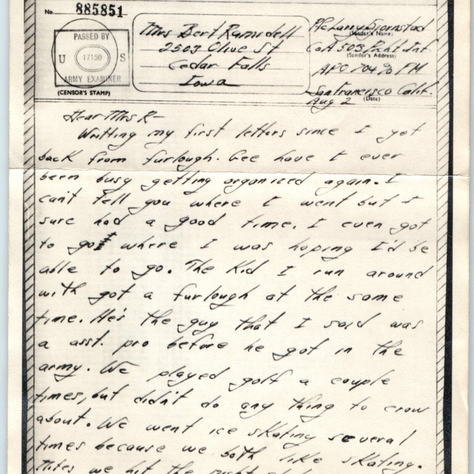 c1940s WWII V-Mail Soldier Letter War Navy San Francisco Cedar Falls Ramsdell 5V