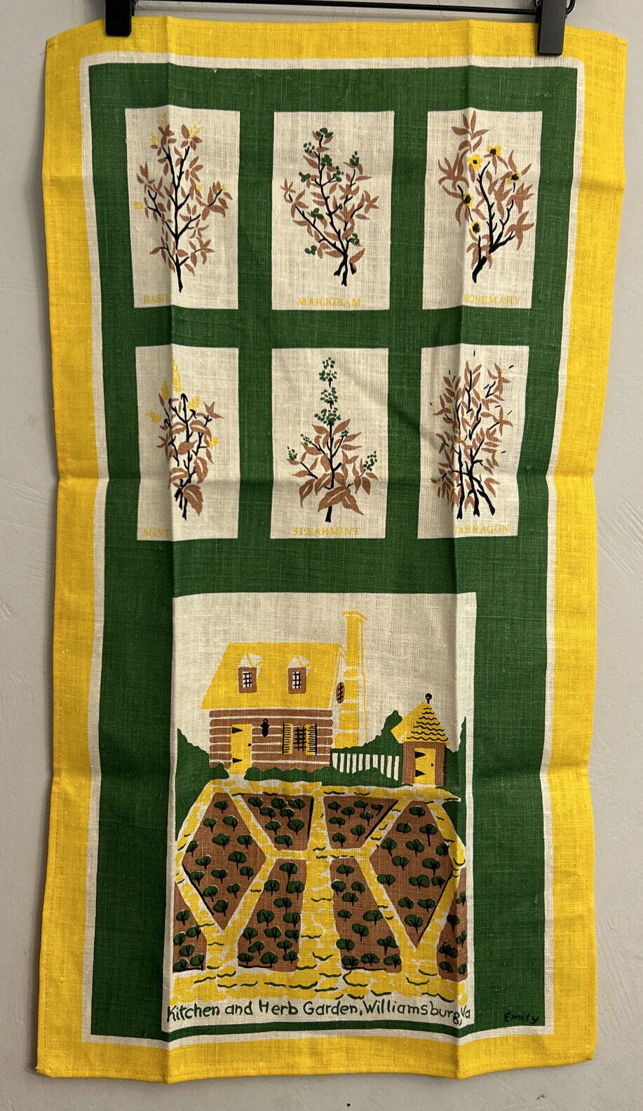 VINTAGE YELLOW Green MCM  100% LINEN HAND PRINTED TOWEL BY LEACOCK Williamsburg