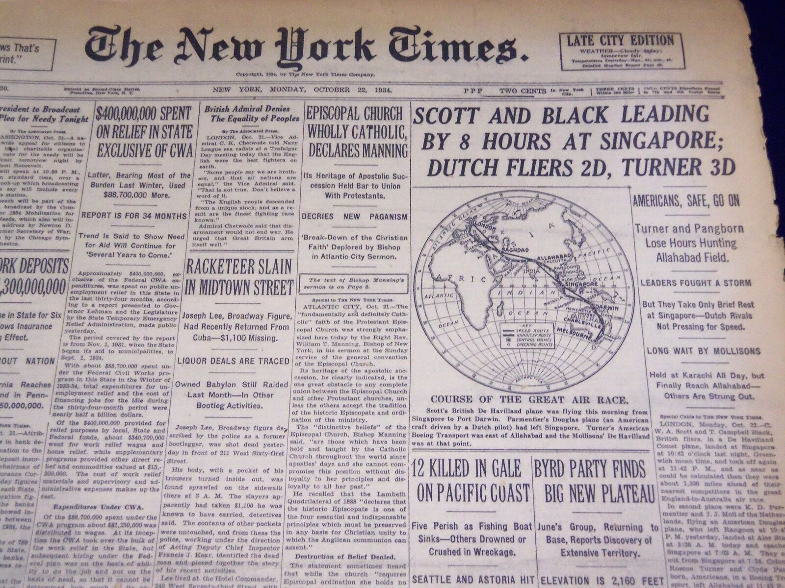1934 OCT 22 NEW YORK TIMES - SCOTT & BLACK LEADING BY 8 HOURS SINGAPORE- NT 1623
