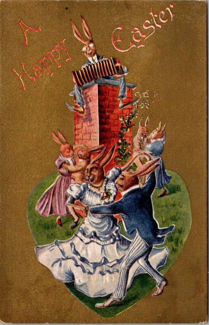 1911 Postcard A Happy Easter Anthropormorhic Rabbits Dancing Accordion Winsch Bk