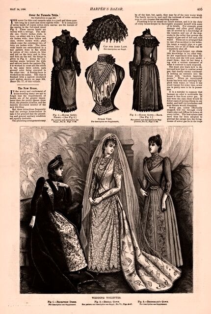 1890 \'s ENGRAVING WOMAN FASHION  DRESS WEDDING 