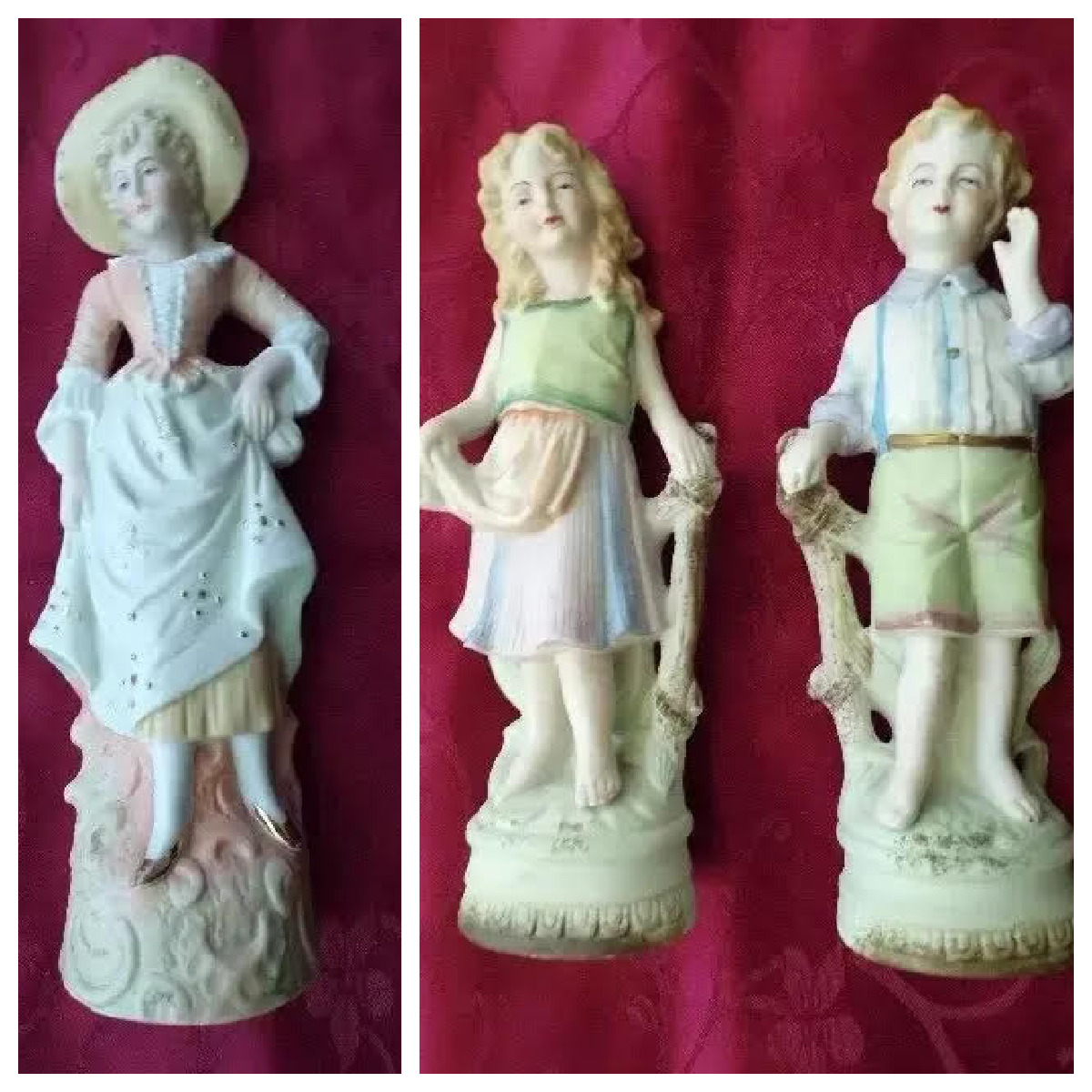 3 High Figurines Vintage Parian Bisque Porcelain soft pastel colors Children +
