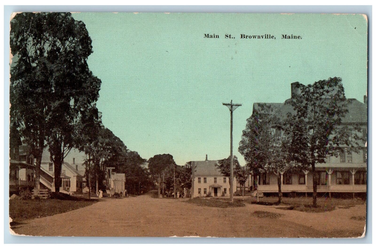 c1910\'s Main Street Dirt Road Trees Houses Building Brownville Maine ME Postcard