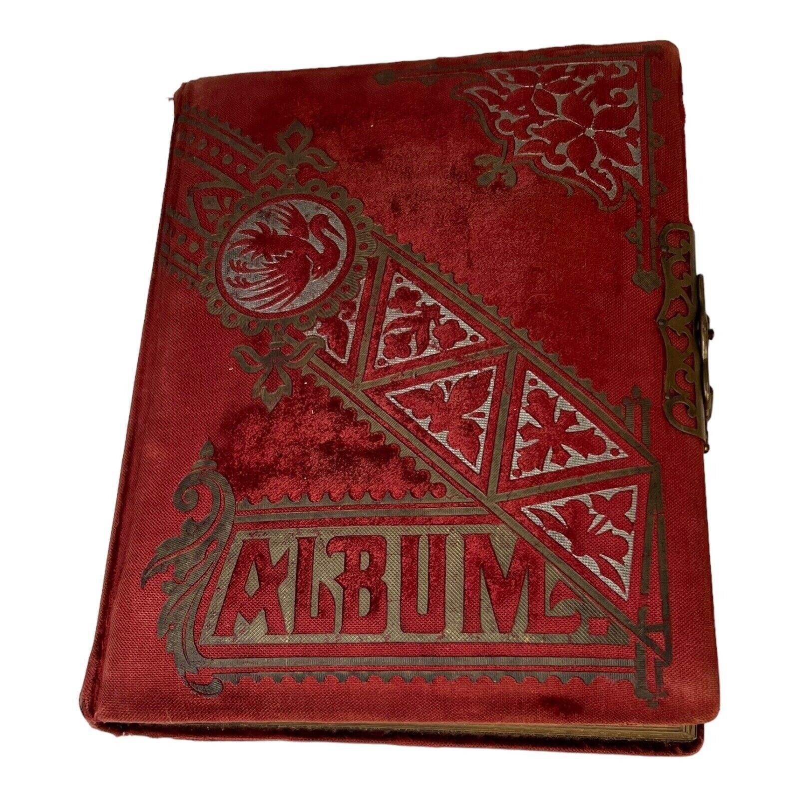 Antique Victorian Red Velvet Photo Album Cabinet Cards Flying Phoenix Metal