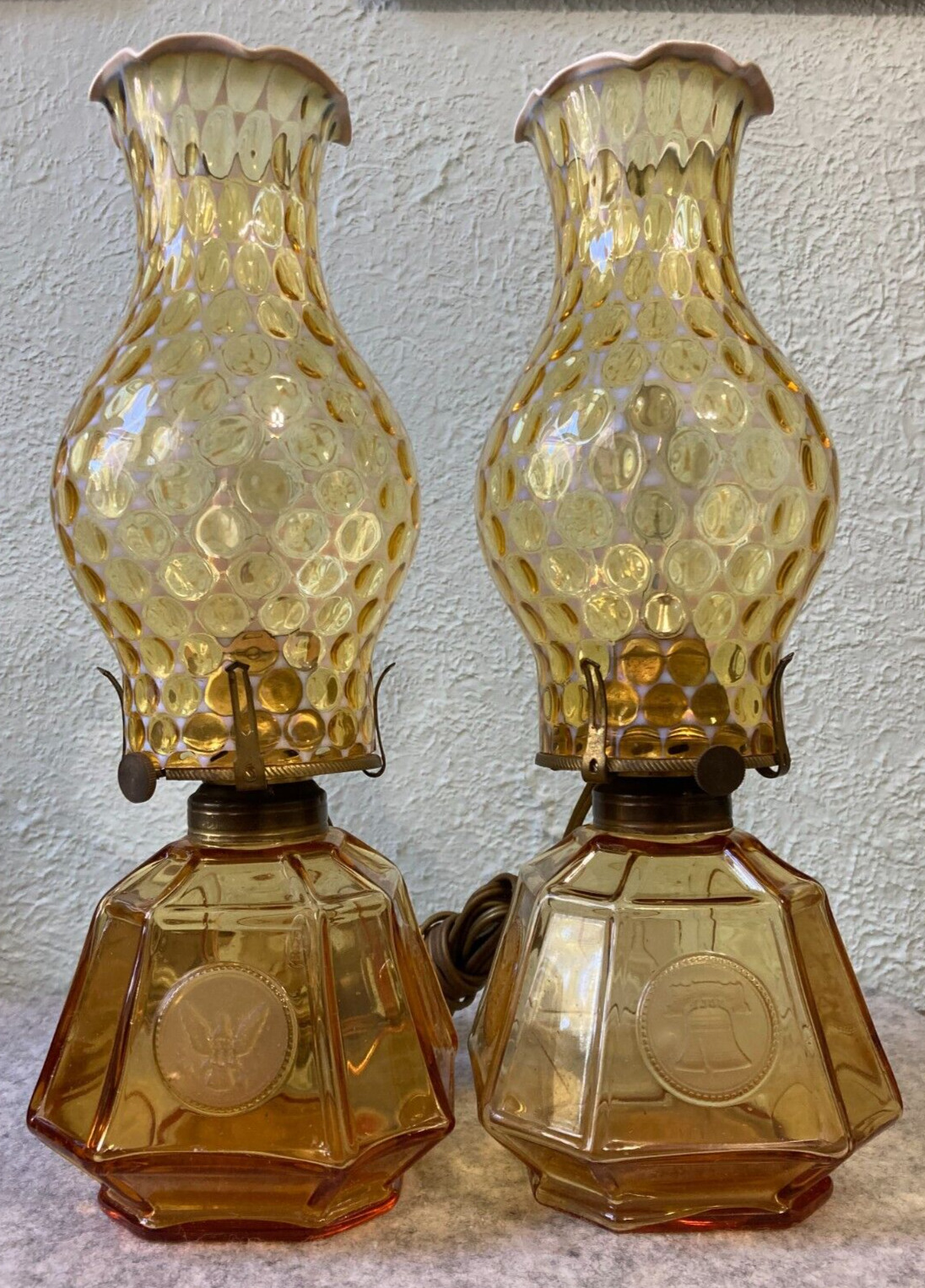 Vintage Fostoria Amber Topaz Opalescent Glass Coin Dot Electric Coach Lamp Pair