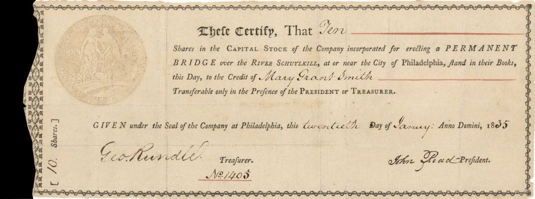 Permanent Bridge over the River Schuylkill - Stock Certificate - Early Turnpike 