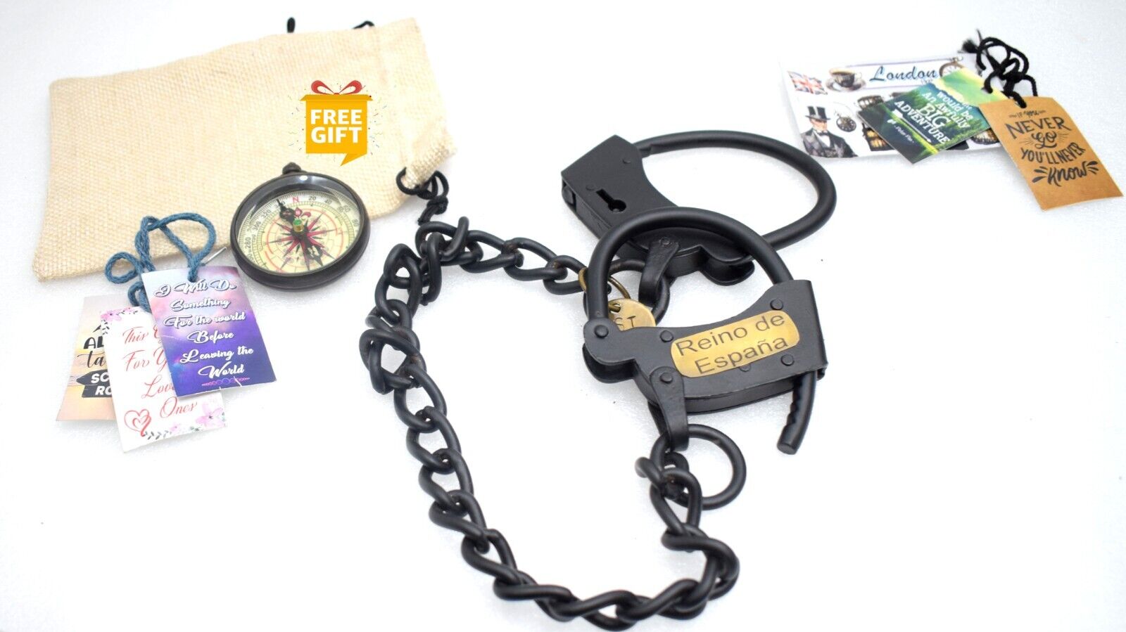Antique Iron Cuff Handcrafted Black Finish Handcuff & Navigational Compass