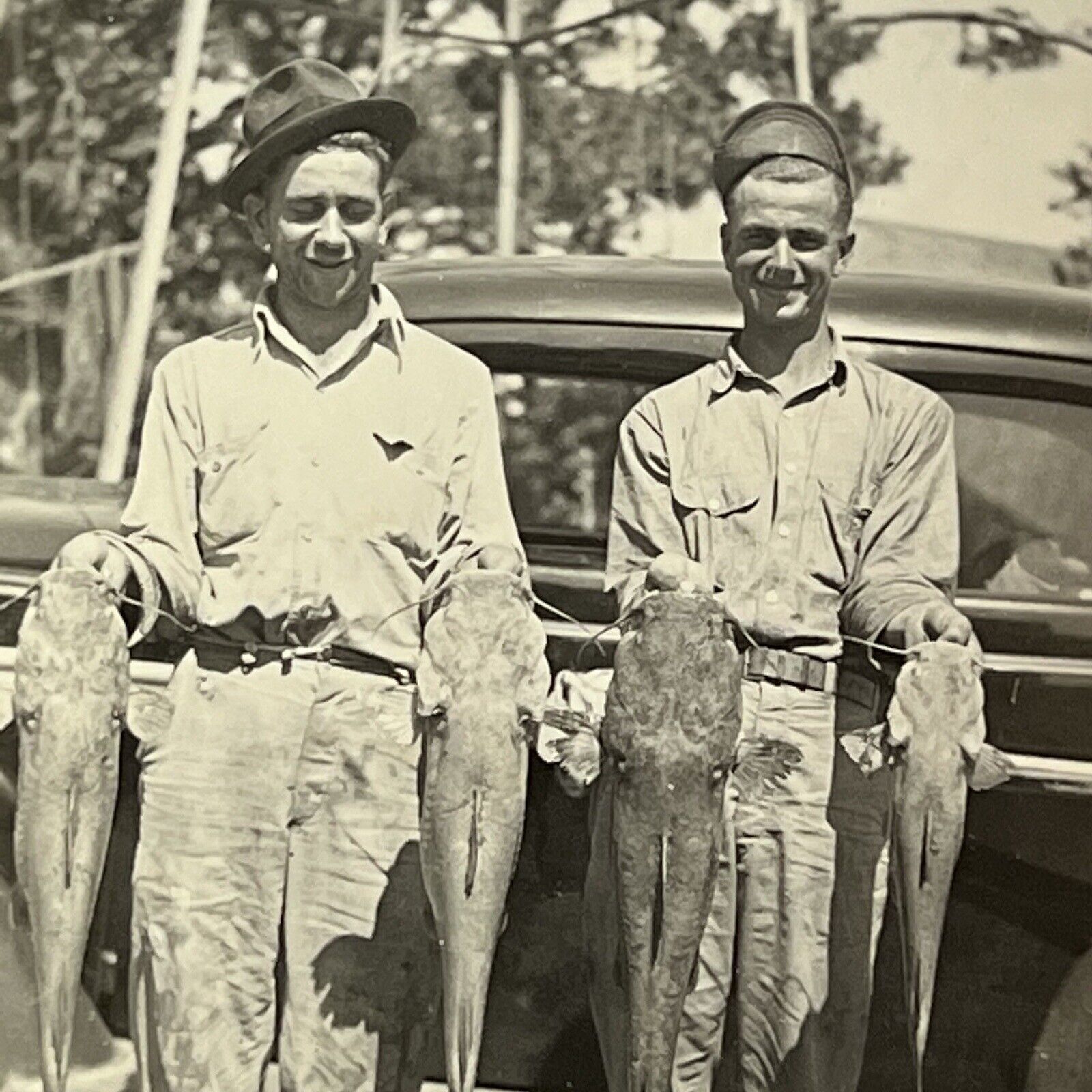 Vintage B&W Snapshot Photograph Handsome Young Men Farm Boys Big Fish Catch