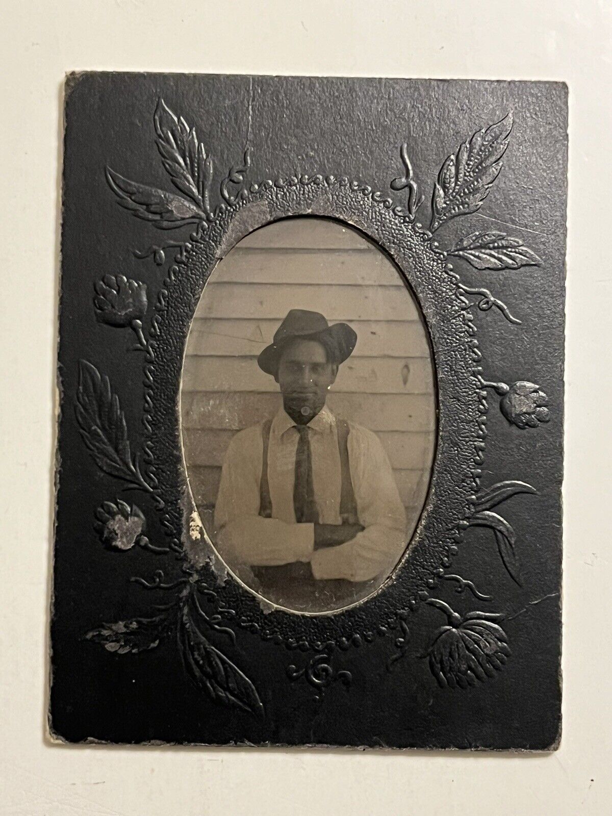 Vintage Tintype Photo of Man with Hat and Tie Posing Outside Portrait