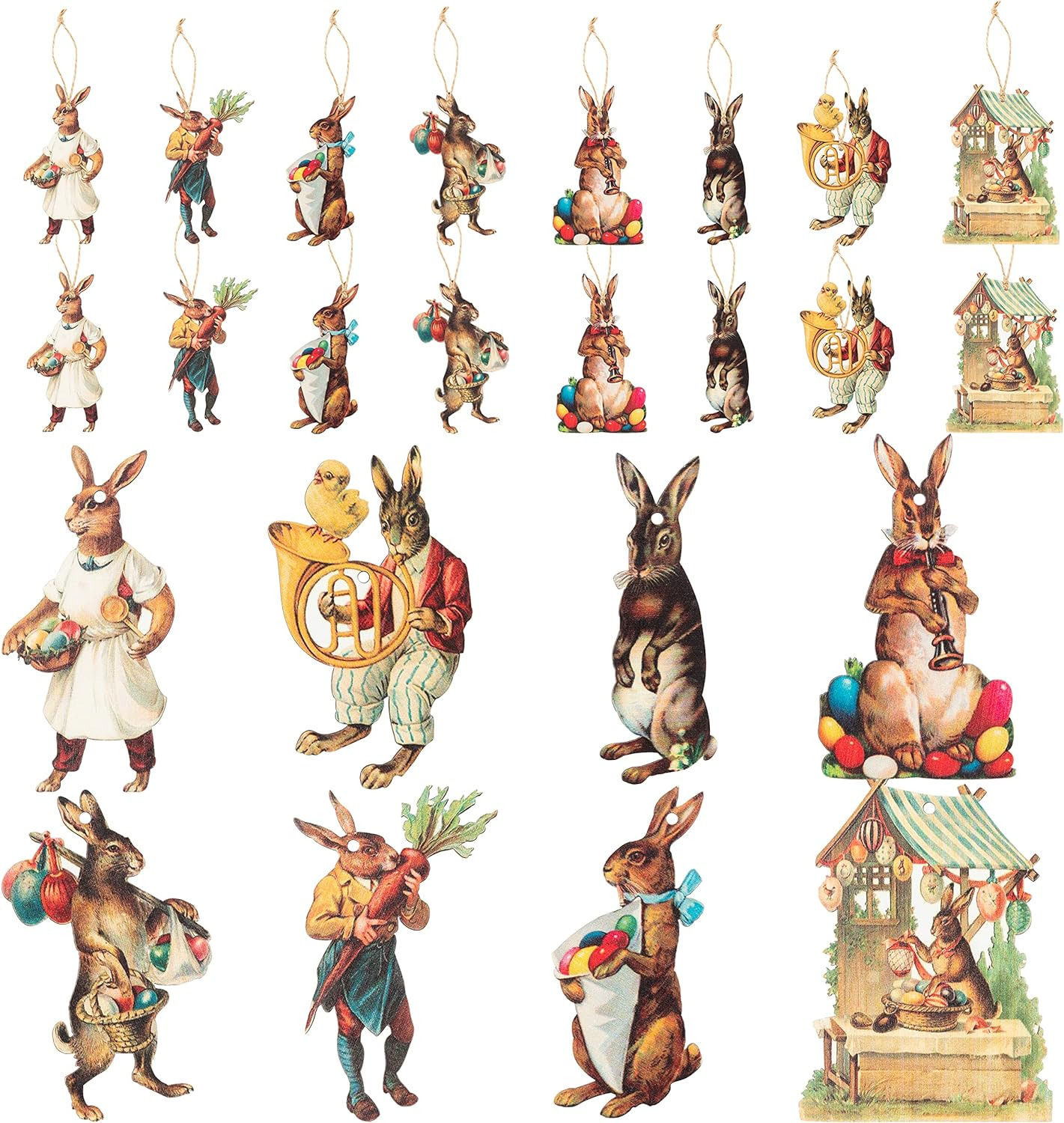 Easter Vintage Bunny Decorations - 25Pcs Traditional Easter Wooden Hanging Ornam