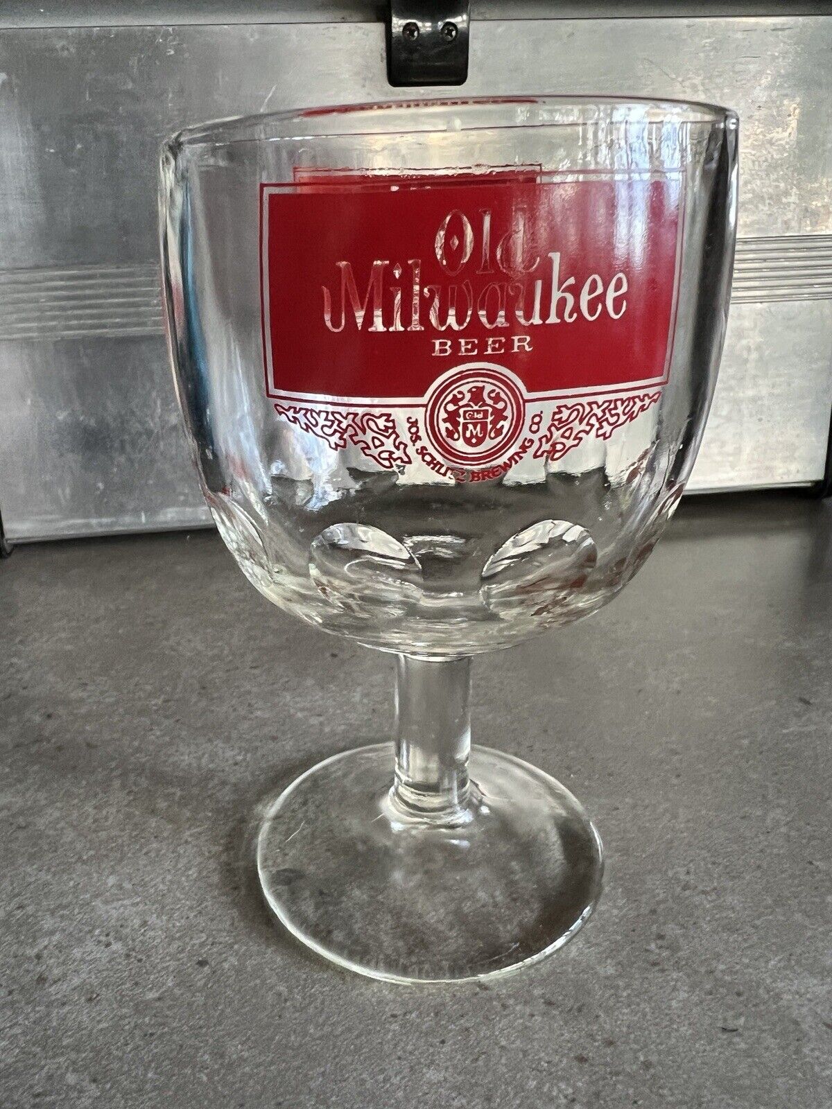 Vintage Old Milwaukee Beer Heavy Dimpled Thumbprint Glass Goblet w/Logo Libby