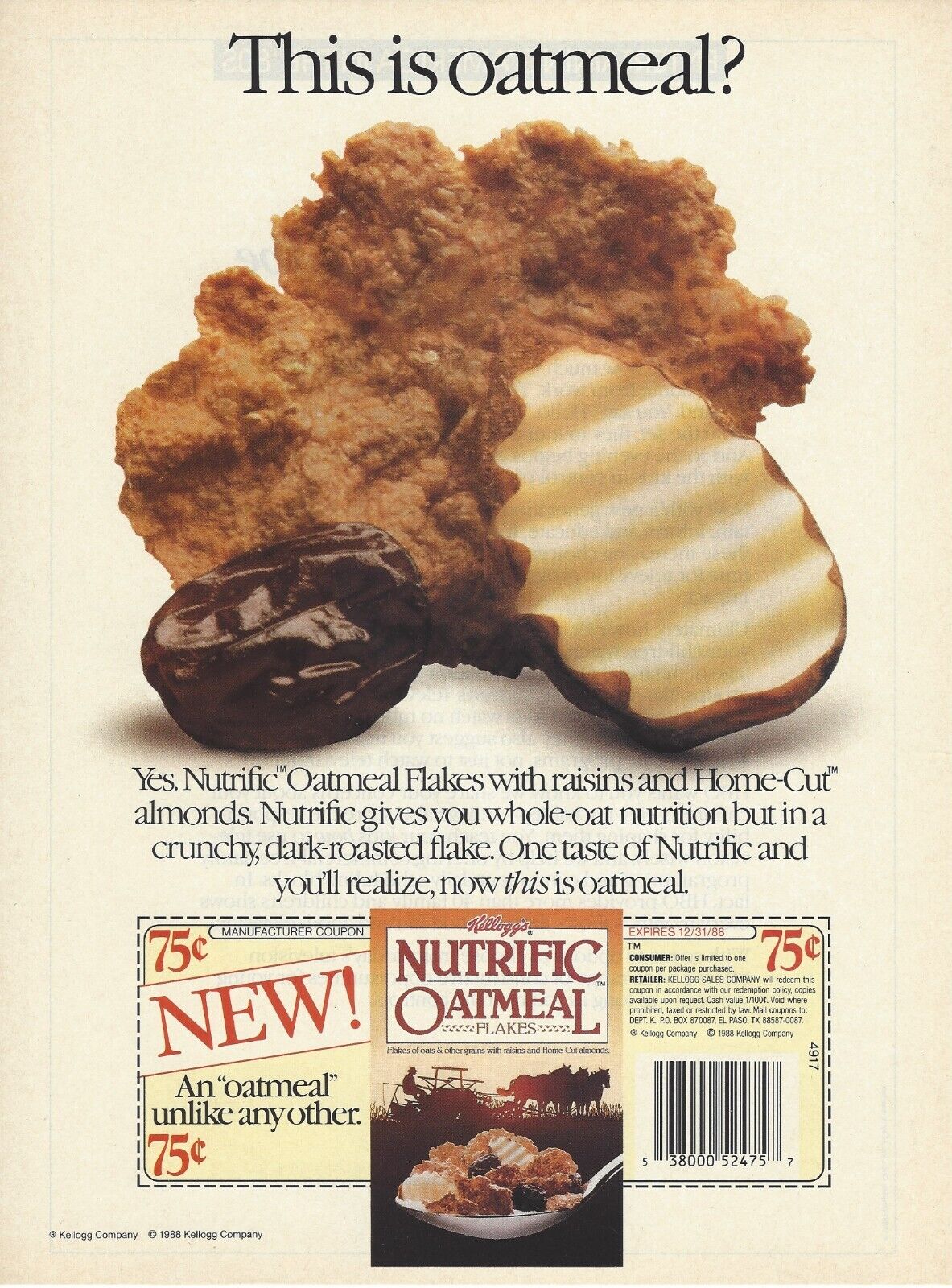 1988 Kellogg\'s Nutrific Oatmeal Cereal vintage print ad 80\'s advertisement